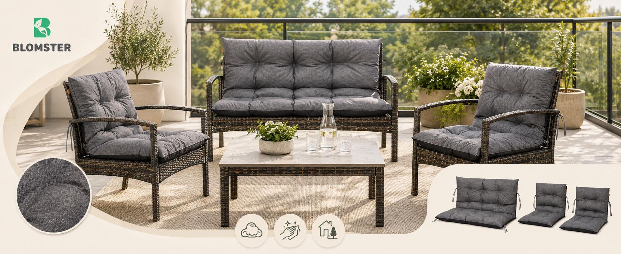 Palettenkissen Loungekissen Set 3-teilig, Outdoor Sitzpolster für Rattanmöbel, 2x Stuhlkissen + 1x Bankkissen, Beige