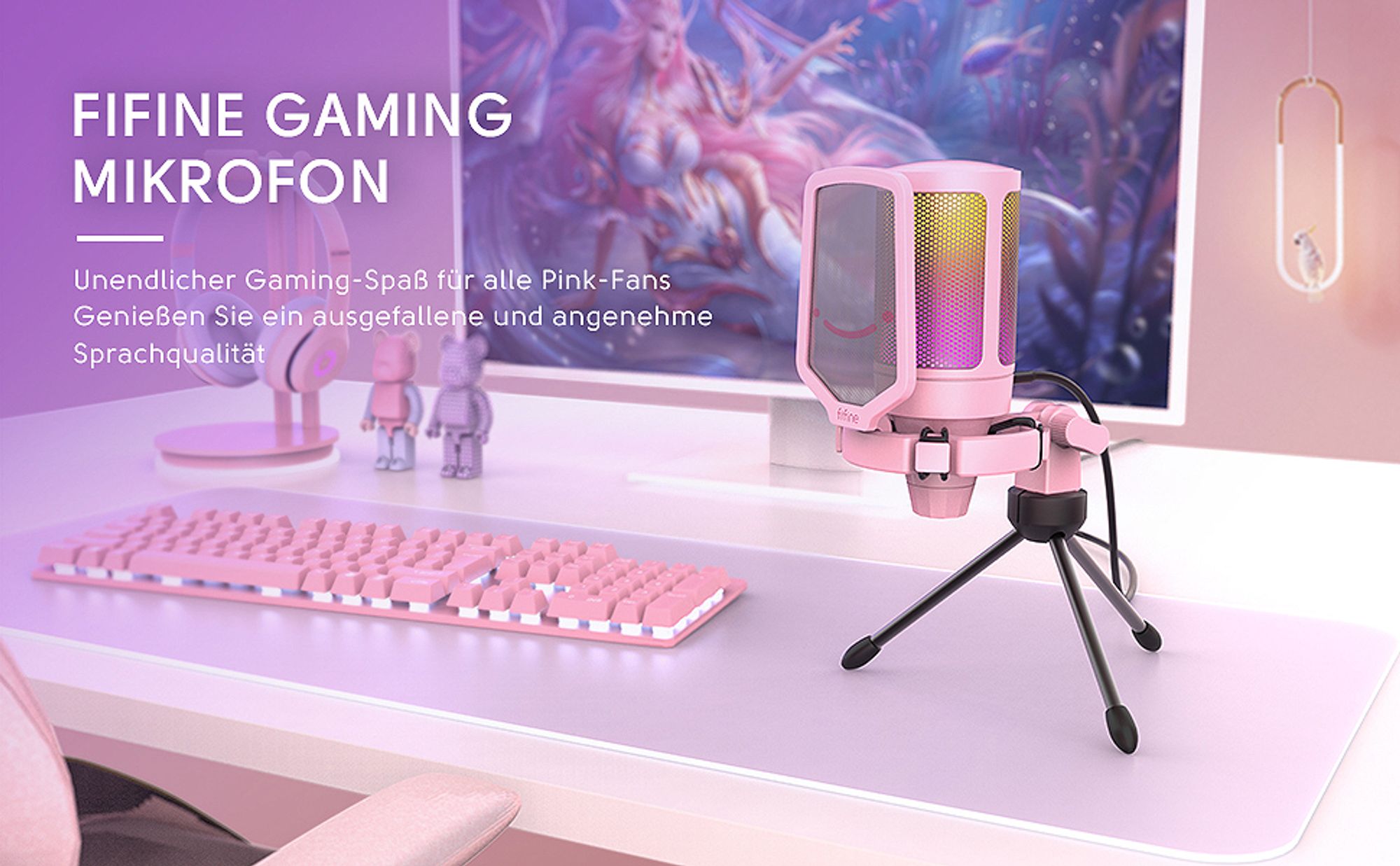 FIFINE Gaming Mikrofon PC USB Streaming Microphone mit Mikrofon Ständer, Rosa