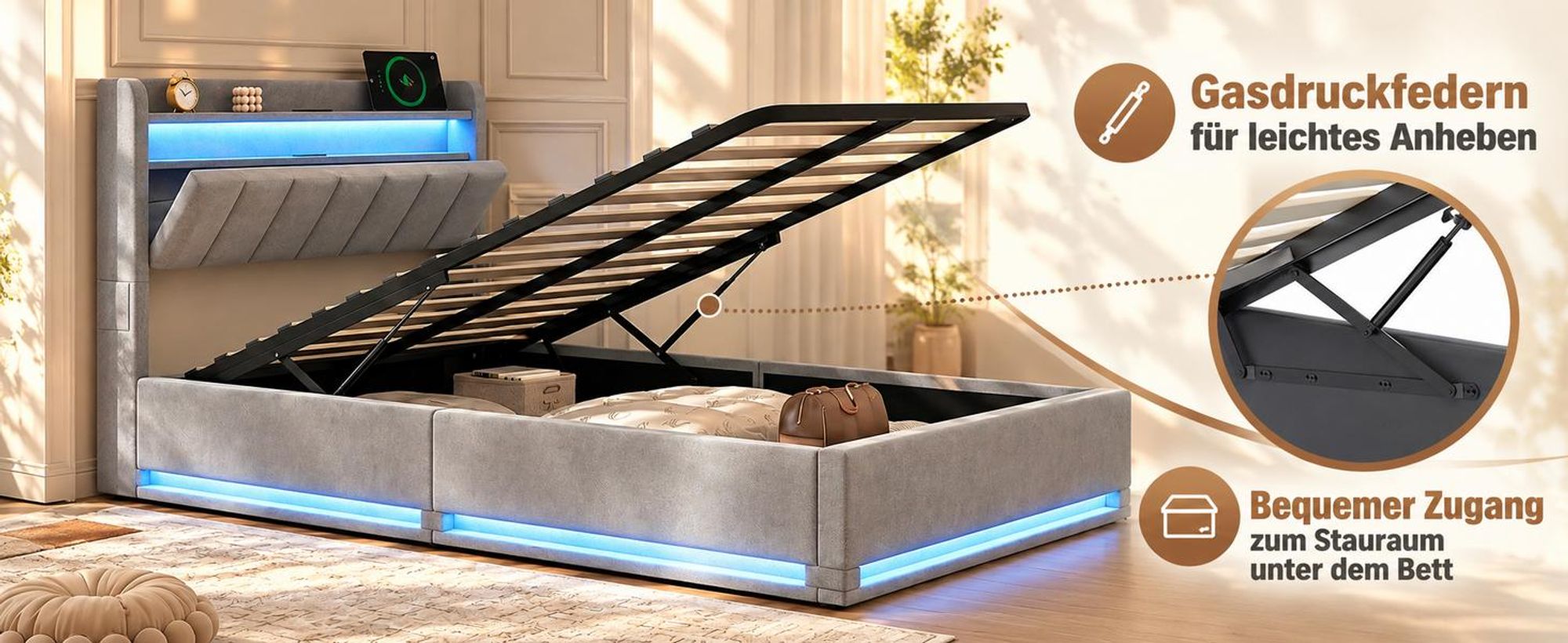 Polsterbett 90x200cm mit Stauraum, Jugendbett 90x200 cm, Bett mit Hydraulik Bettkasten, LED, USB, Kopfteil & Lattenrost, Velours Grau, ohne Matratze