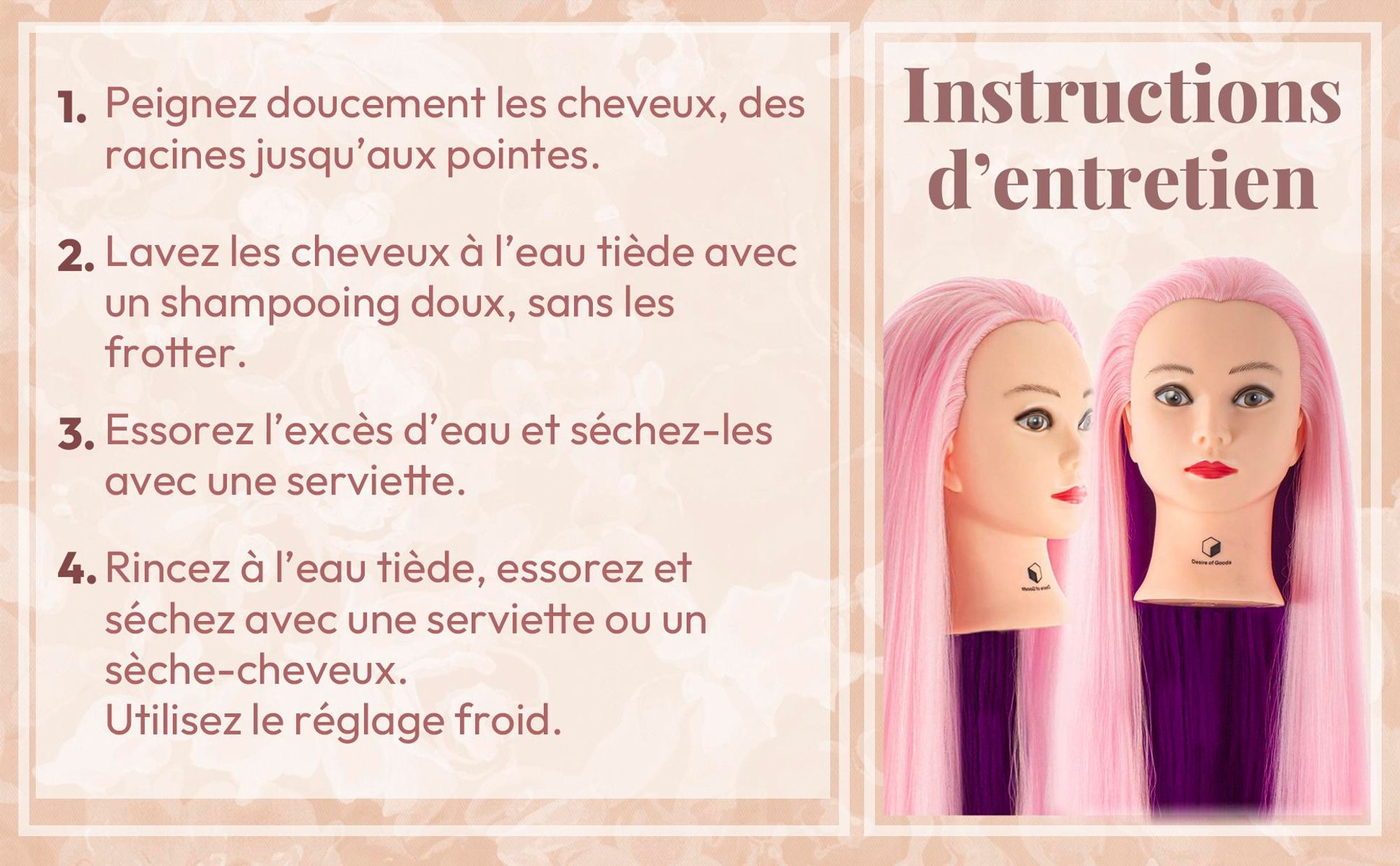 Desire of Goods Tête d'entraînement pour coiffeur Lila - avec pince de table - tête de coiffure pour enfants - tête de coiffeur - 70 cm