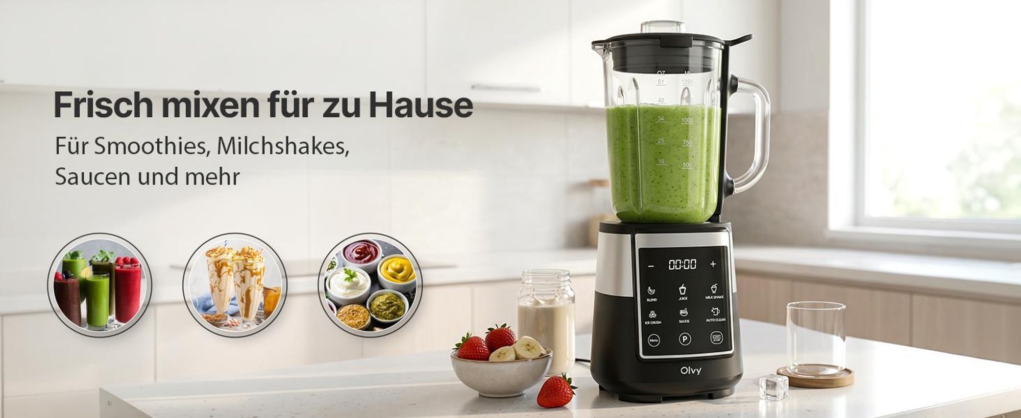 Olvy Standmixer, 1,5 L Glasbehälter mit 600ml Tritan-Becher, Touchscreen-Mixer mit Pulse-Funktion & Auto-Clean, Smoothie Maker und Ice Crusher