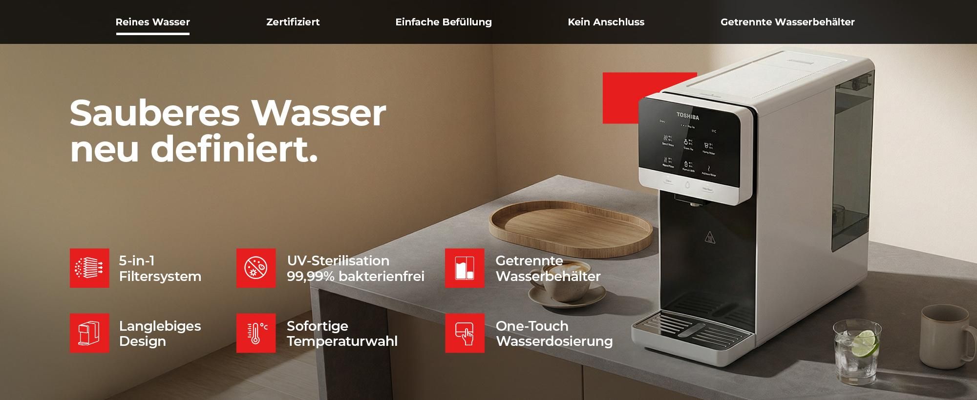 Toshiba Osmoseanlage, Wasserfilter Trinkwasser, Auftisch, Keine Installation, Heißwasserspender, Umkehrosmoseanlage, Mehrfach-Filterung, weiß