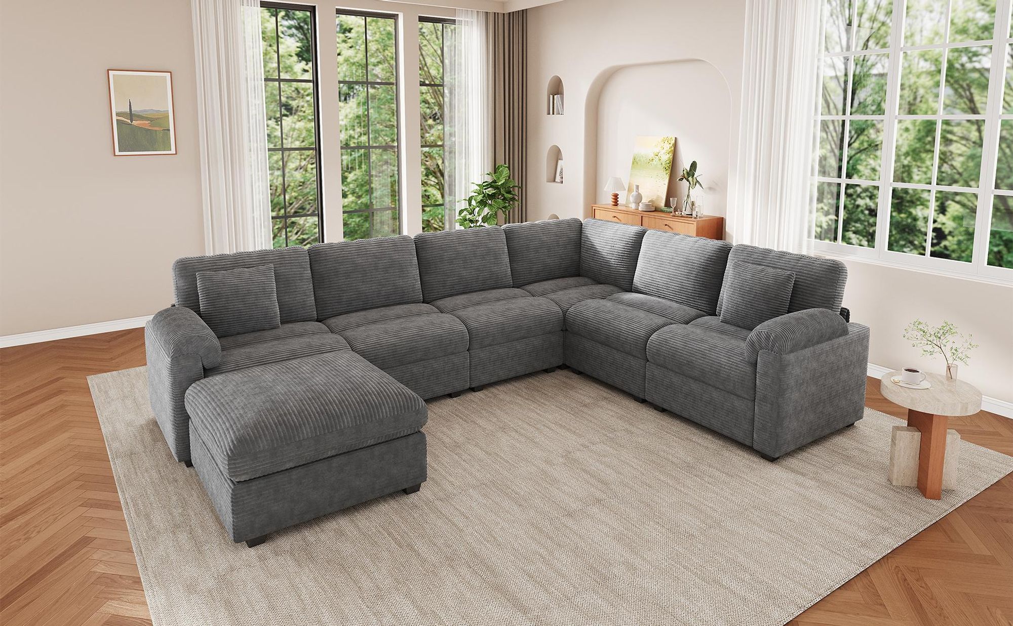 Merax XXL Modulares U-Form Sofa, L-Form Ecksofa Mit Hocker, 7 Sitzer Wohnlandschaft, Cord Sofa Mit Kissen, Großes Familiensofa, Couch, Grau