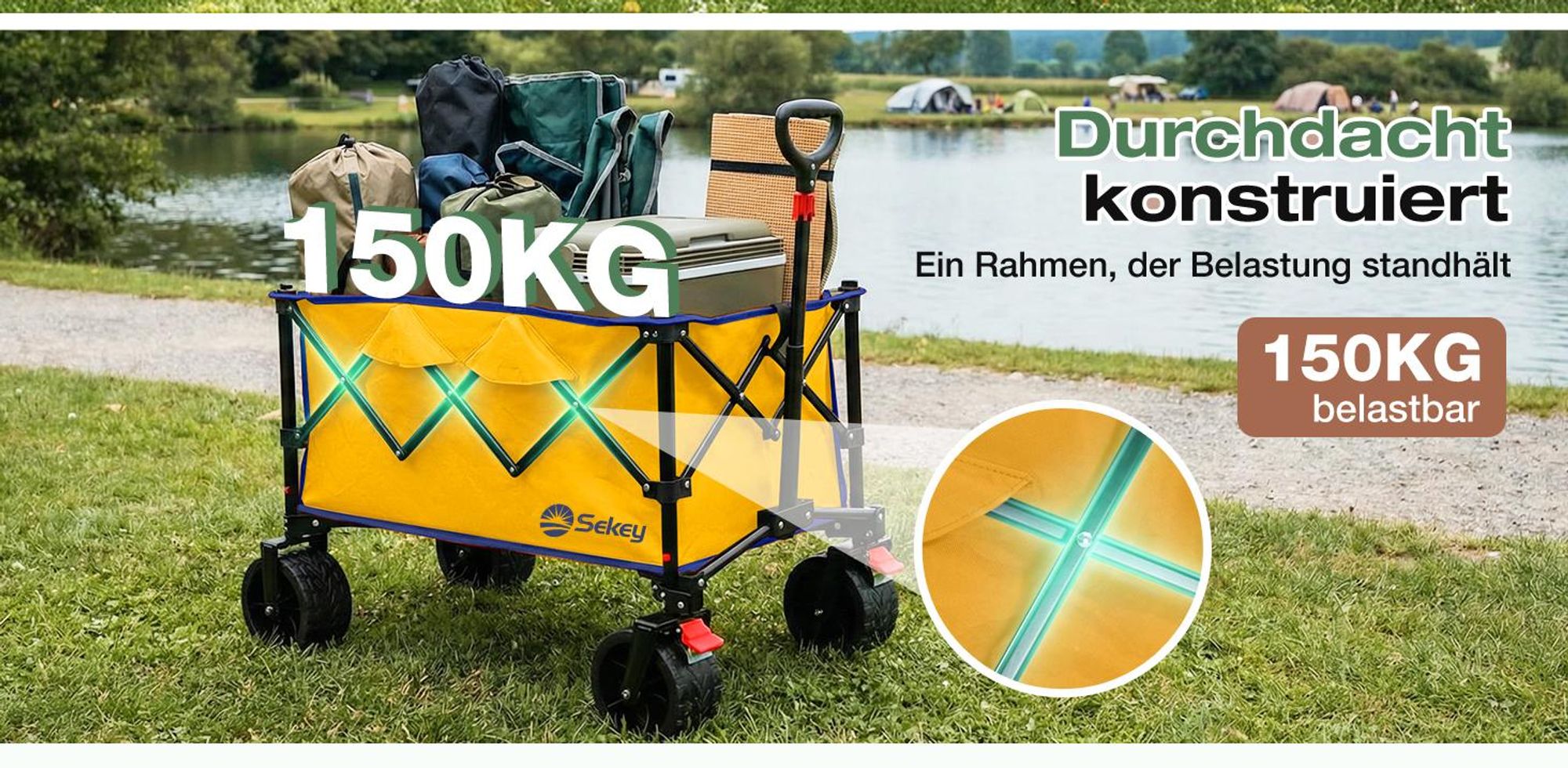 Sekey Faltbar Bollerwagen Klappbar Handwagen Gartenwagen 150kg Tragekraft Transportwagen, Gelb