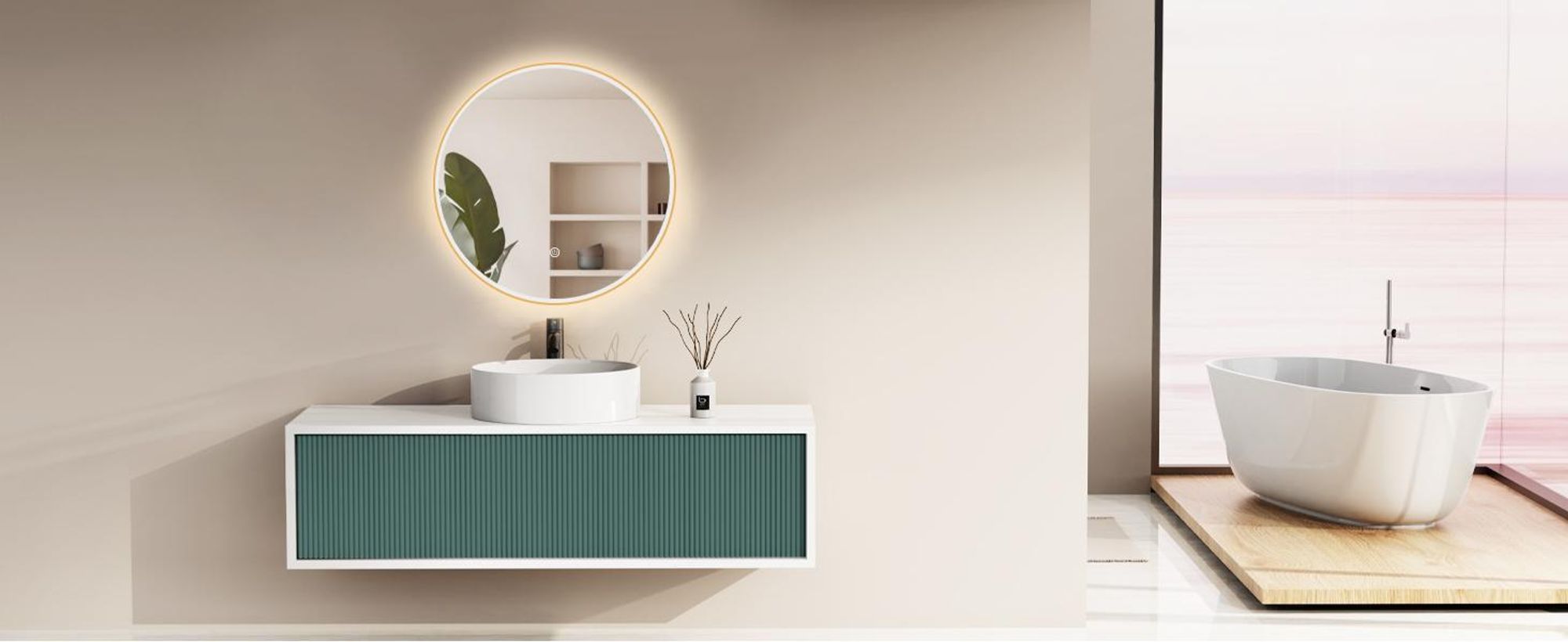 Specchio da bagno LED rotondo HOKO, diametro 80 cm, con cornice dorata, funzione antiappannamento, interruttore touch, funzione di memoria e regolazione della temperatura del colore da 2700 a 6500 K, grado di protezione IP44, colore Marsala