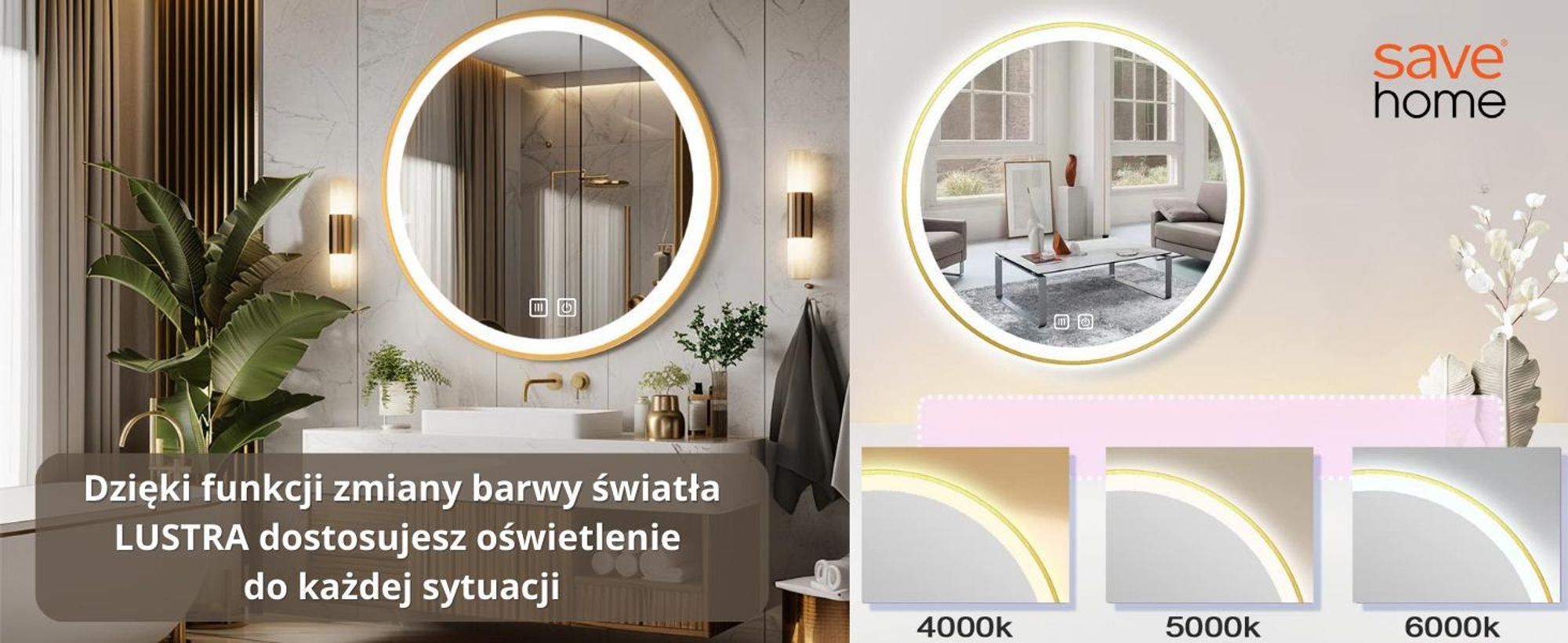 SAVE ®HOME Okrągłe lustro łazienkowe LED - 60 cm - PODŚWIETLANE - RAMA ZŁOTA - 3 BARWY ŚWIATŁA - ŚCIEMNIALNE - BEZ PARY - DOTYKOWE - LUSTRO ŚCIENNE