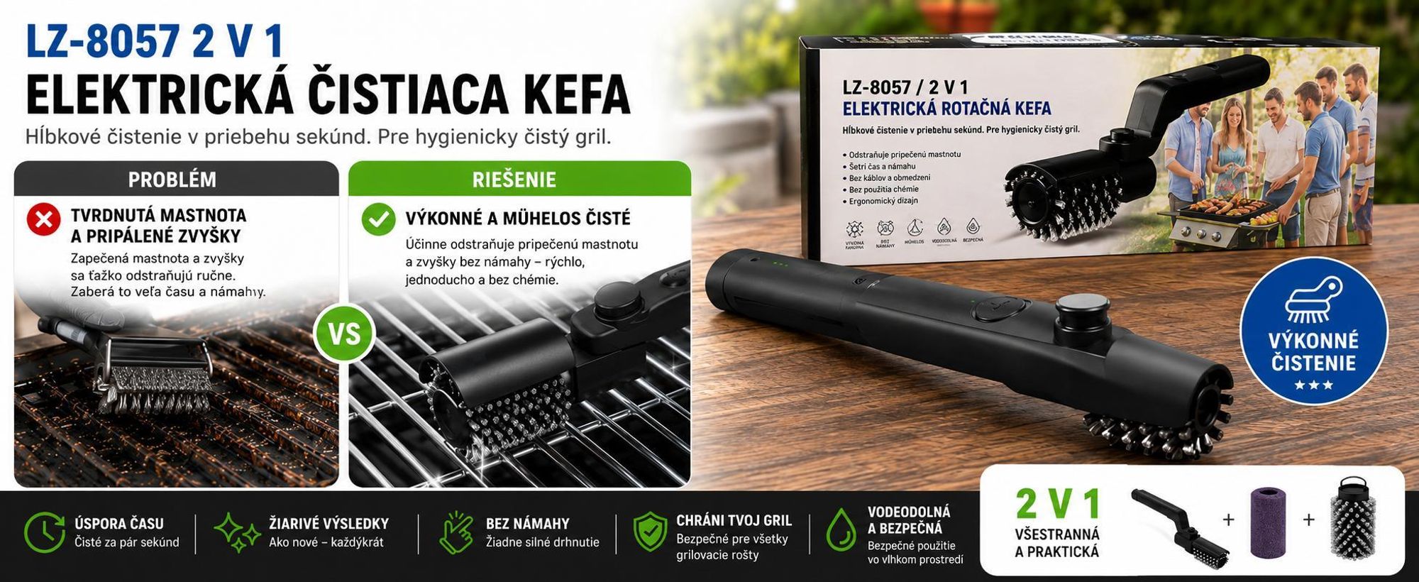 Elektrická rotačná kefa na gril s nastaviteľným uhlom, s akumulátorom 2600 mAh – BBQBRUSH