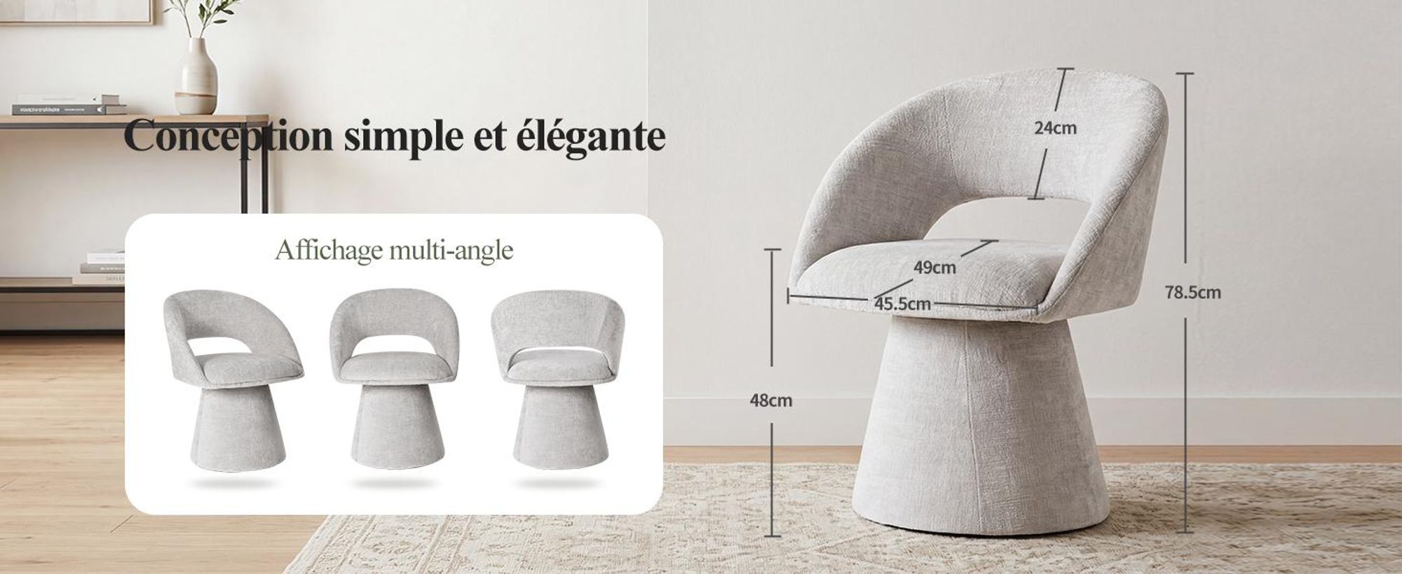 Chaise de salle à manger pivotante à 360° Duhome en tissu chenille, rembourrée, avec dossier creux et accoudoirs, pour la salle à manger, la cuisine et le salon