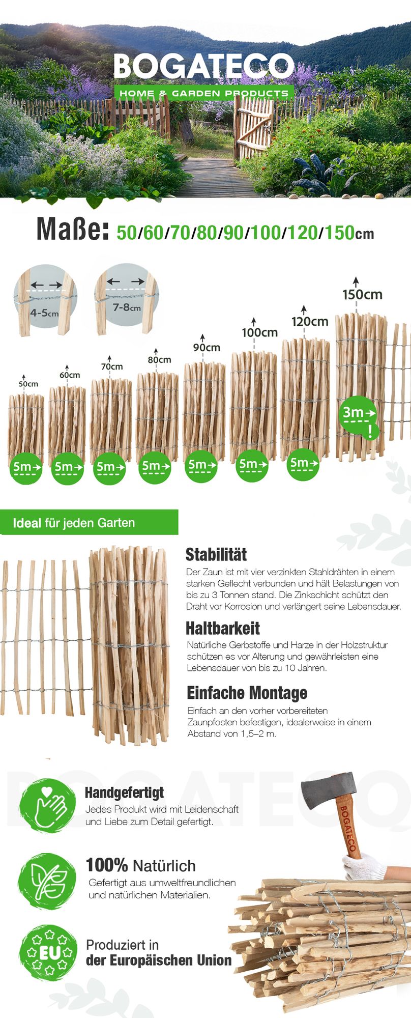 BOGATECO Staketenzaun Haselnuss Kastanie | Holz-Zaun 50 cm Hoch & 500 cm Lang | Lattennabstand 4-5 cm |