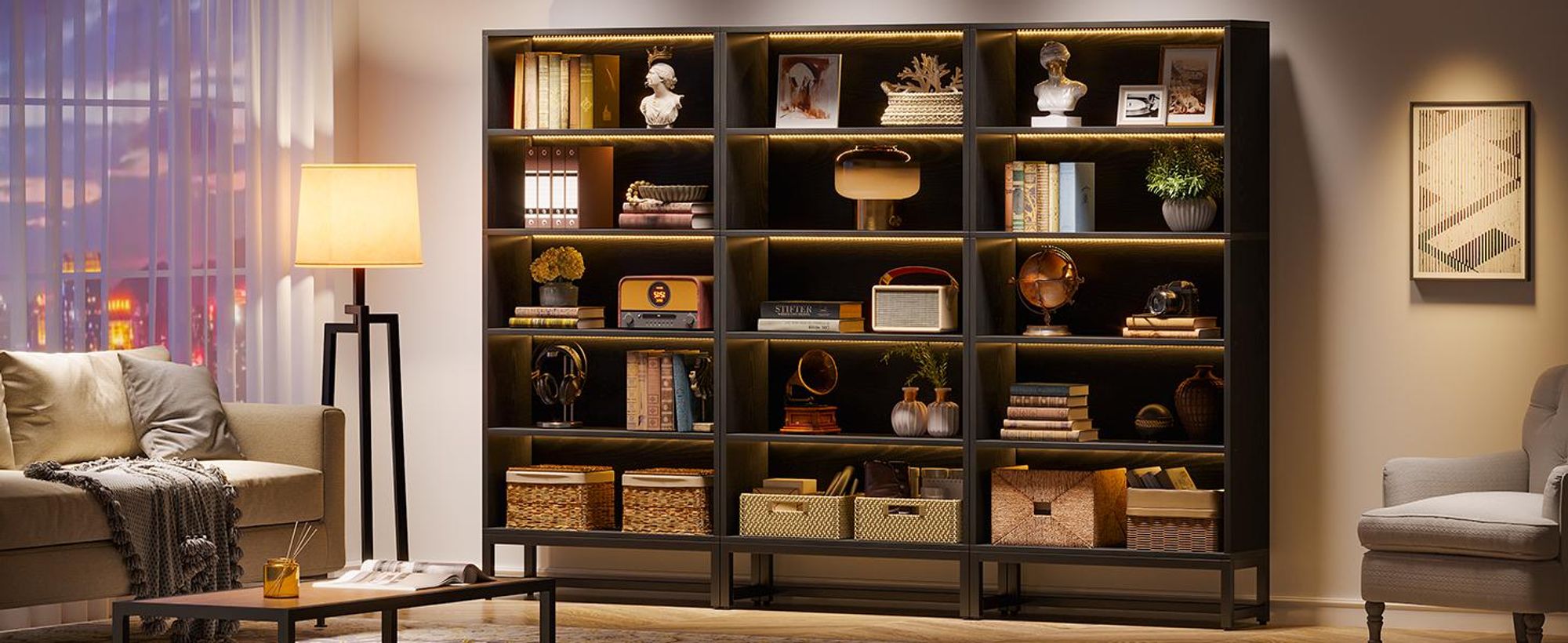 Tribesigns Hohes Bücherregal, 180 cm großes Bücherregal mit LED-Beleuchtung,freistehendes Bibliotheksregal mit 5 Ablageflächen für Wohnzimmer, Schwarz