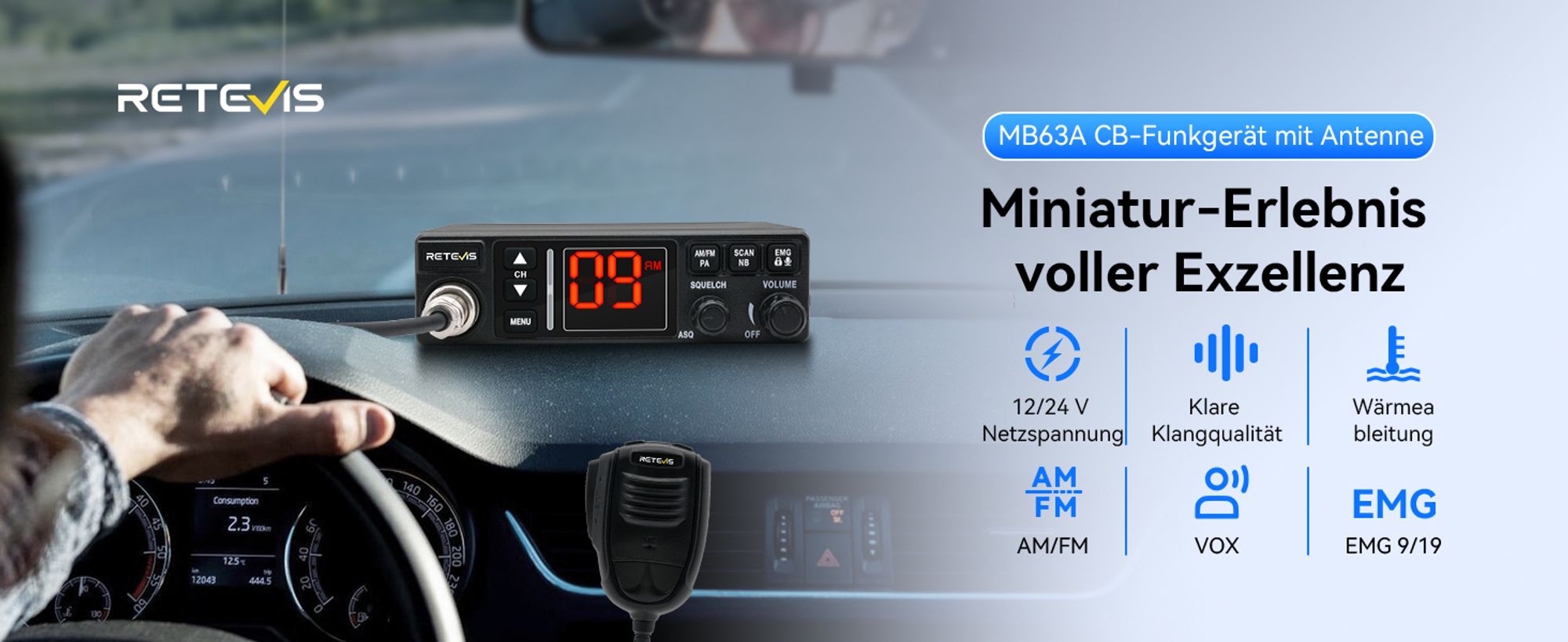 Retevis MB63A CB Funkgerät, AM/FM CB Funk mit Antenne, NB/ANL CB Funk, 12V - 24V, VOX, EMG CH9/19, CB Handfunkgerät für Jobs in der Transportbranche