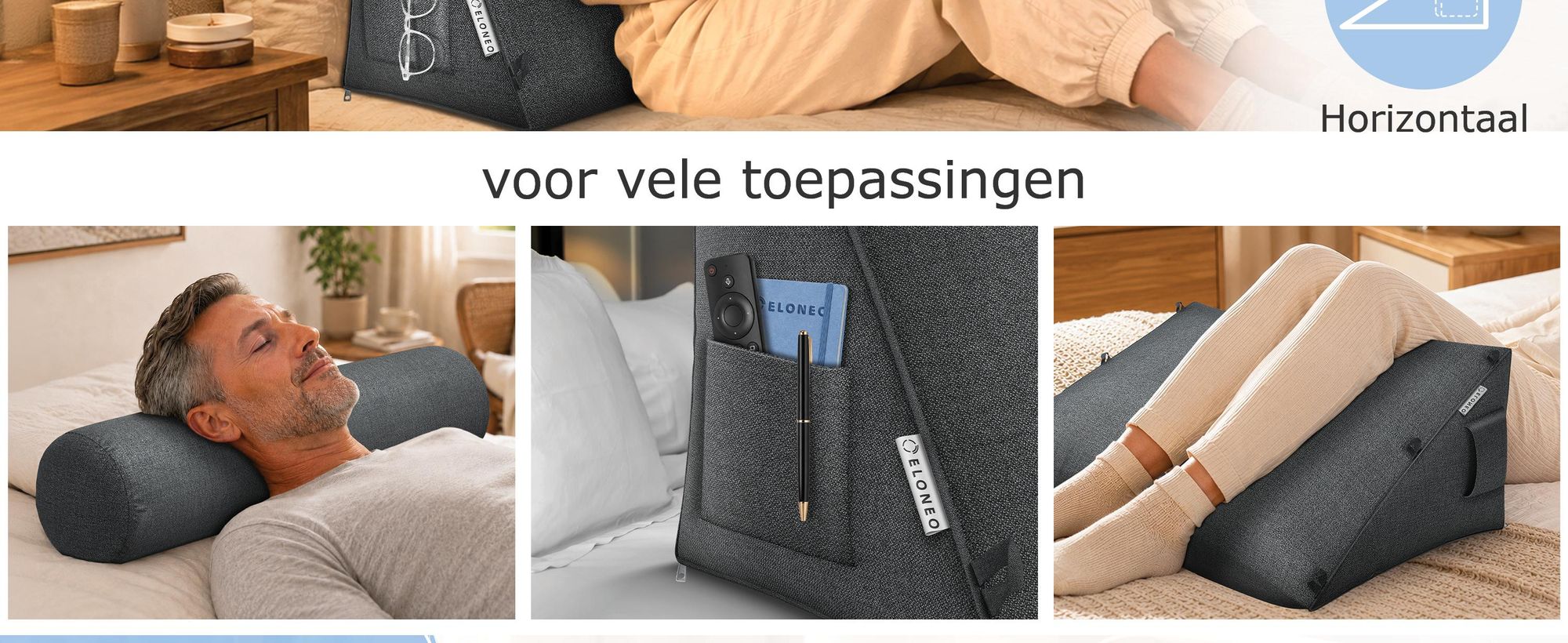 ELONEO rugkussen met afneembaar neksteun en zijvak, rugsteunkussen met wasbare hoes