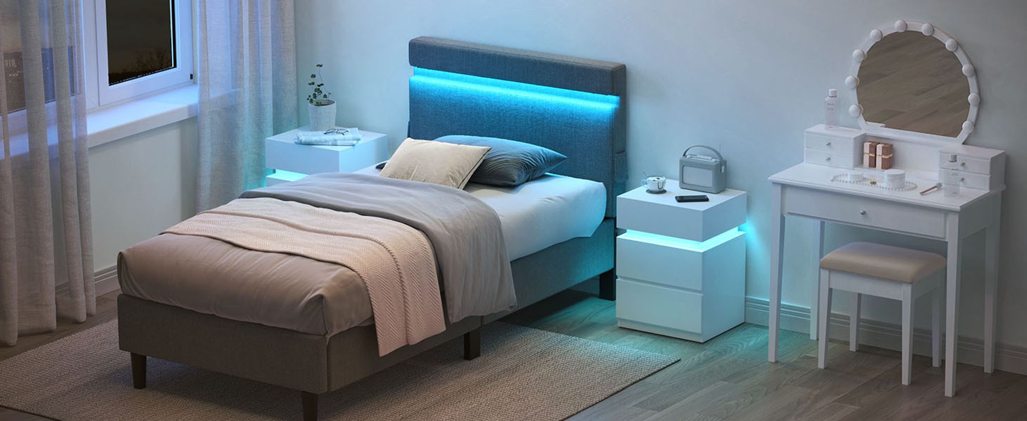 VASAGLE Nachttisch mit LED-Beleuchtung, mit 3 Schubladen, weiß, 2 St.