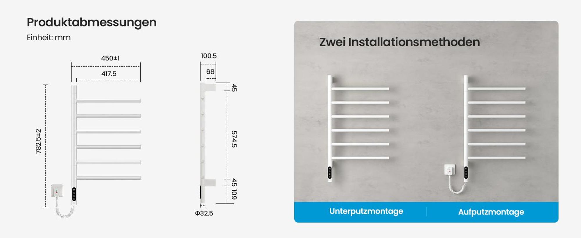Heilmetz Elektrischer Handtuchheizkörper 78x45 cm Weiß, Drehbar Handtuchtrockner mit WLAN App & Sprachsteuerung, Touchscreen, 135W Mit / Ohne heizstab