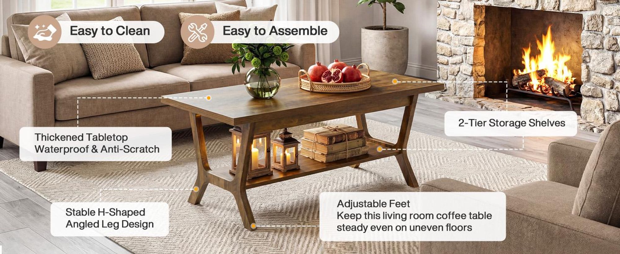 Tribesigns Couchtisch fürs Wohnzimmer, 120 cm großer rechteckiger Couchtisch Holz im Landhausstil mit Ablagefach, Homeoffice, rustikales Braun
