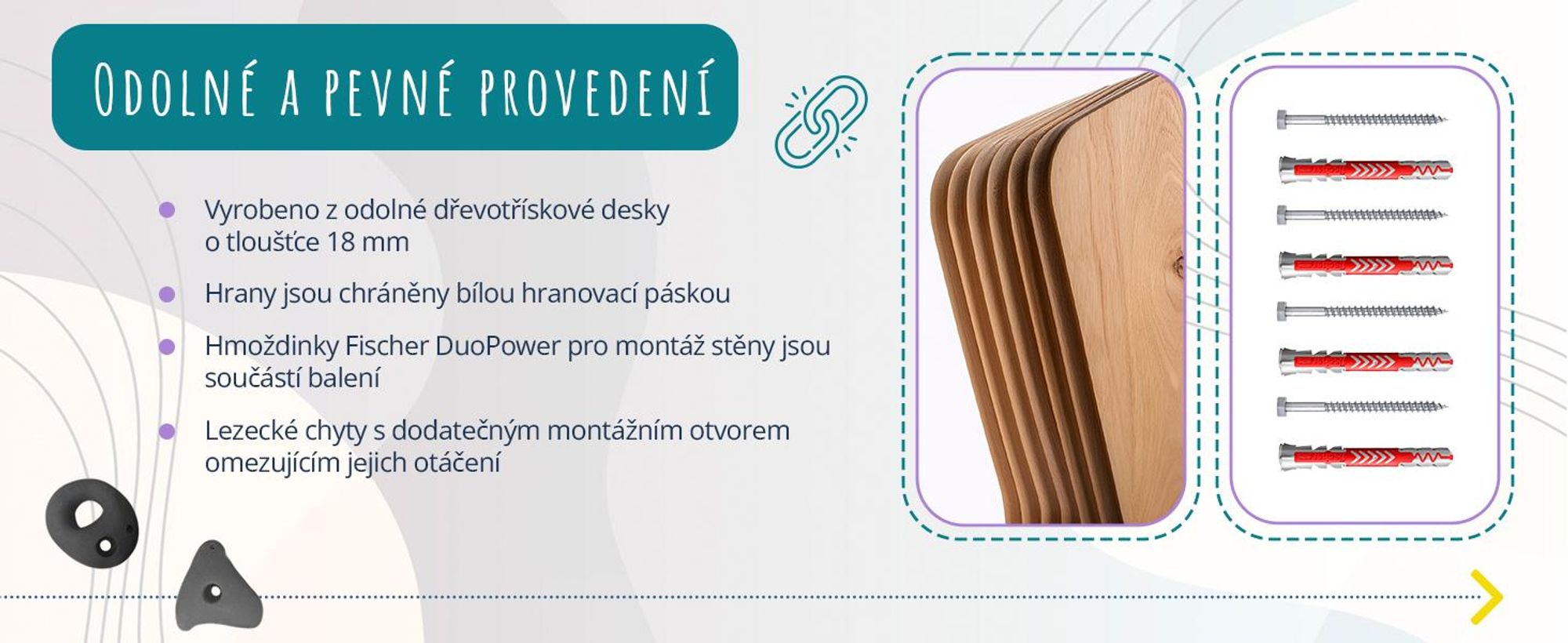 Create for you® – Lezecká stěna, 100x50 cm, 5 šedých úchytů, Domácí Lezení, Fitness Vybavení na Doma, Pohybová Zábava pro Děti