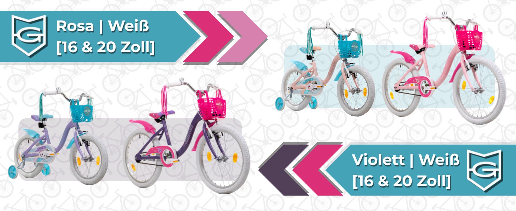 Goetze Pixie 20" - Mädchenfahrrad mit Aluminiumrahmen, V-Brake/Rücktrittbremse, Stützrädern, Korb und bunten Bändern.