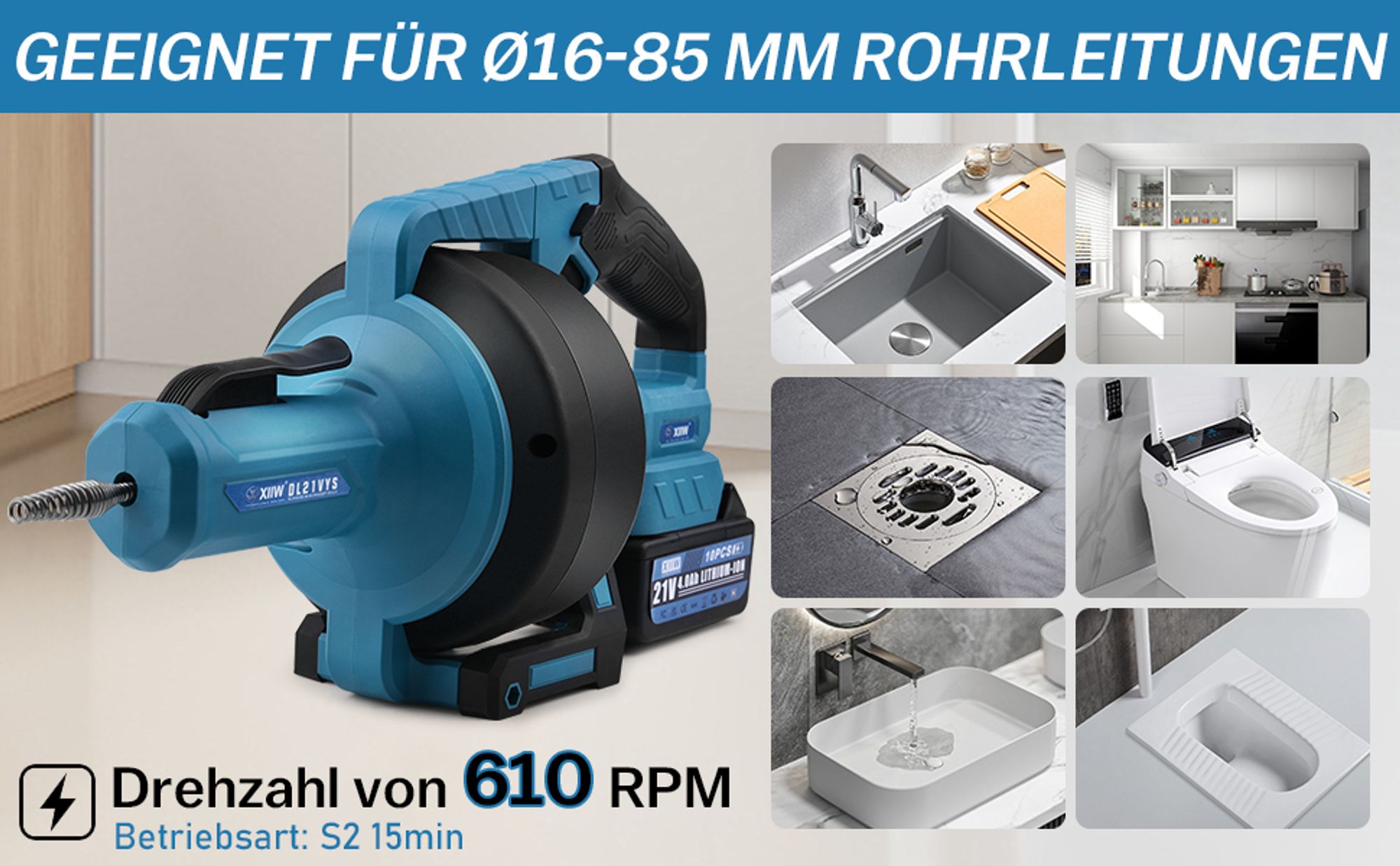 LEISTUNGSSTARKER VOLLKUPFERMOTOR Die Drehzahl des Akku Rohrreinigungsmaschine beträgt 610 U/min.