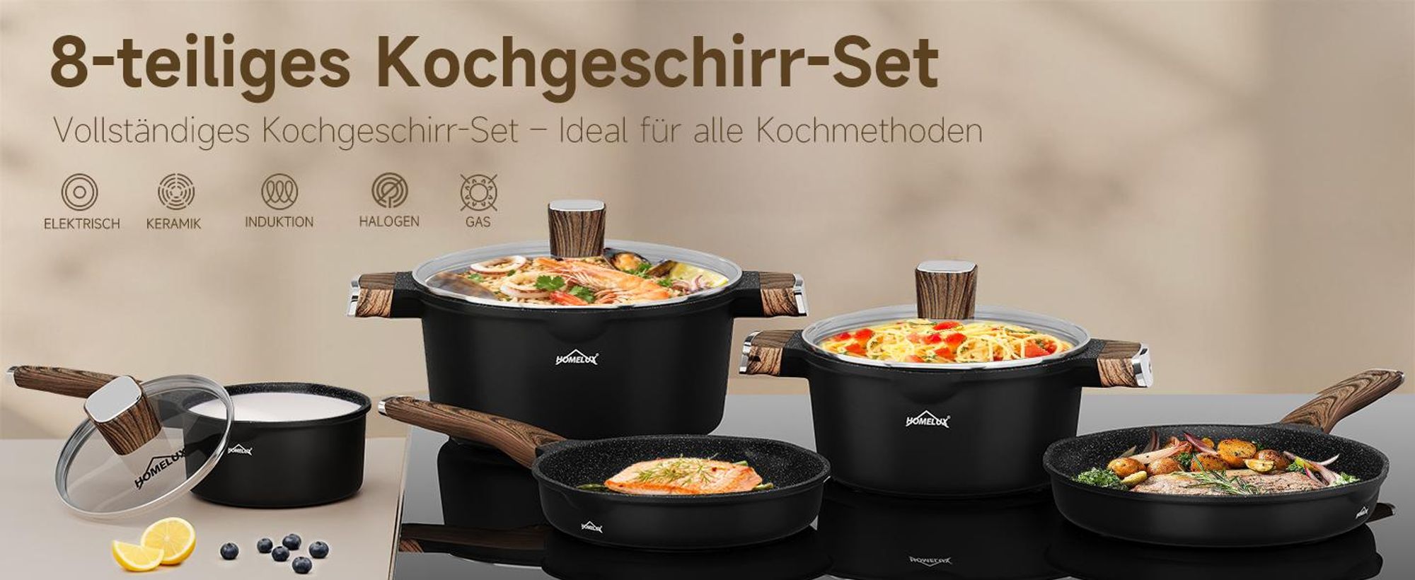 8-TLG Topfset Induktion mit Antihaftbeschichtung,Pfanne 24/28cm,Milchtopf 16cm,Kochtopf 24/28cm, für alle Herdarten,Holzmaserung