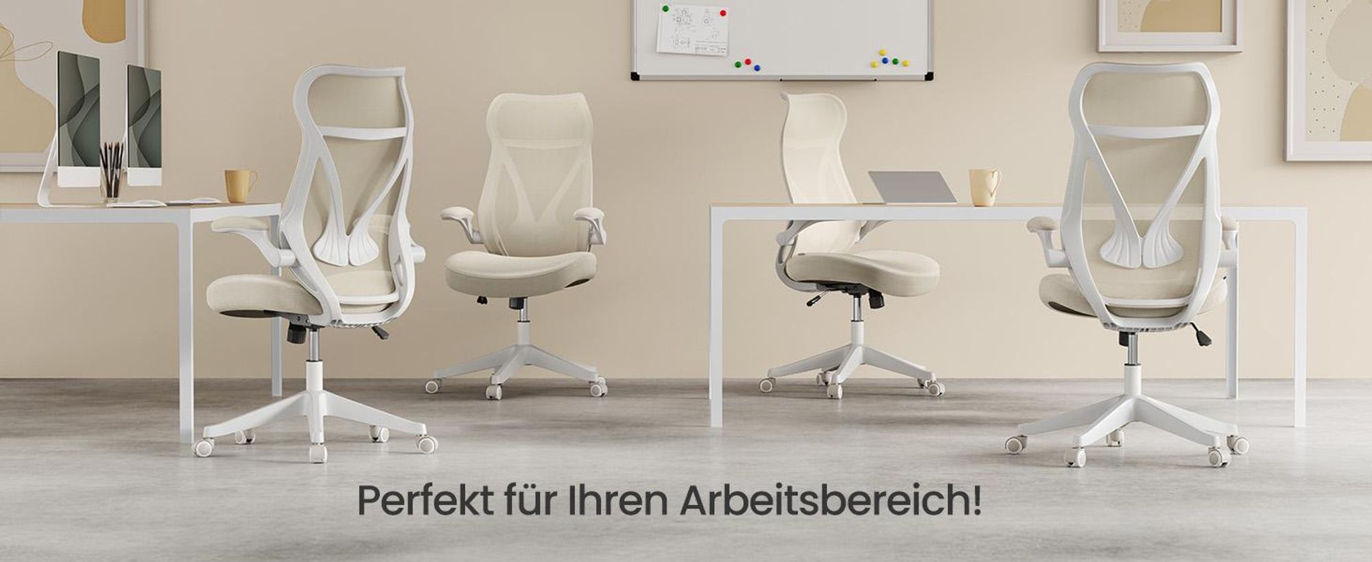 SONGMICS Schreibtischstuhl, ergonomische Rückenlehne, hochklappbare Armlehnen, cappuccinobeige