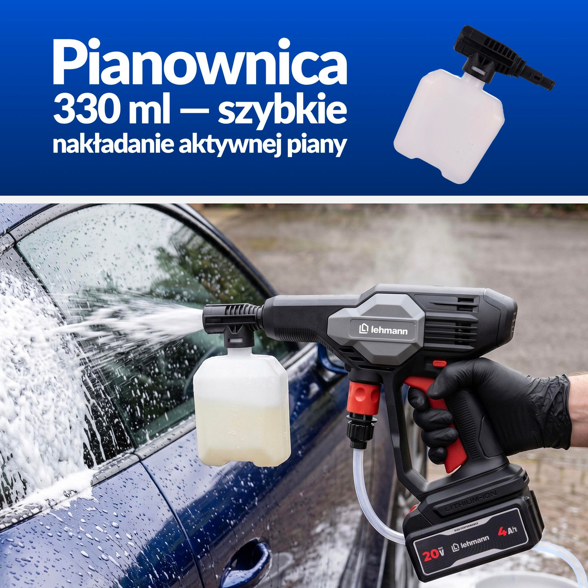 Myjka ciśnieniowa akumulatorowa bezprzewodowa LEHMANN STREAM Multi dysza 5w1 4Ah Pistolet myjący