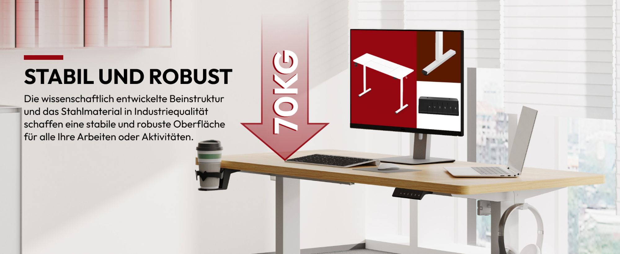 SANODESK Höhenverstellbarer Schreibtisch elektrisch 4 Memory-Funktion, Antikollisionsschutz, 70kg Tragkraft, mit Haken und Ablagebox 110x54cm (Ahorn)