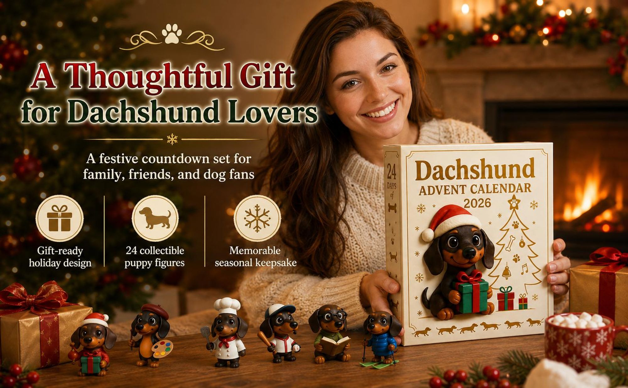2026 Dachshund Adventskalender – 24 Tage 3D Dackel Figuren, Weihnachtsornamente & Geschenk für Hundefreunde