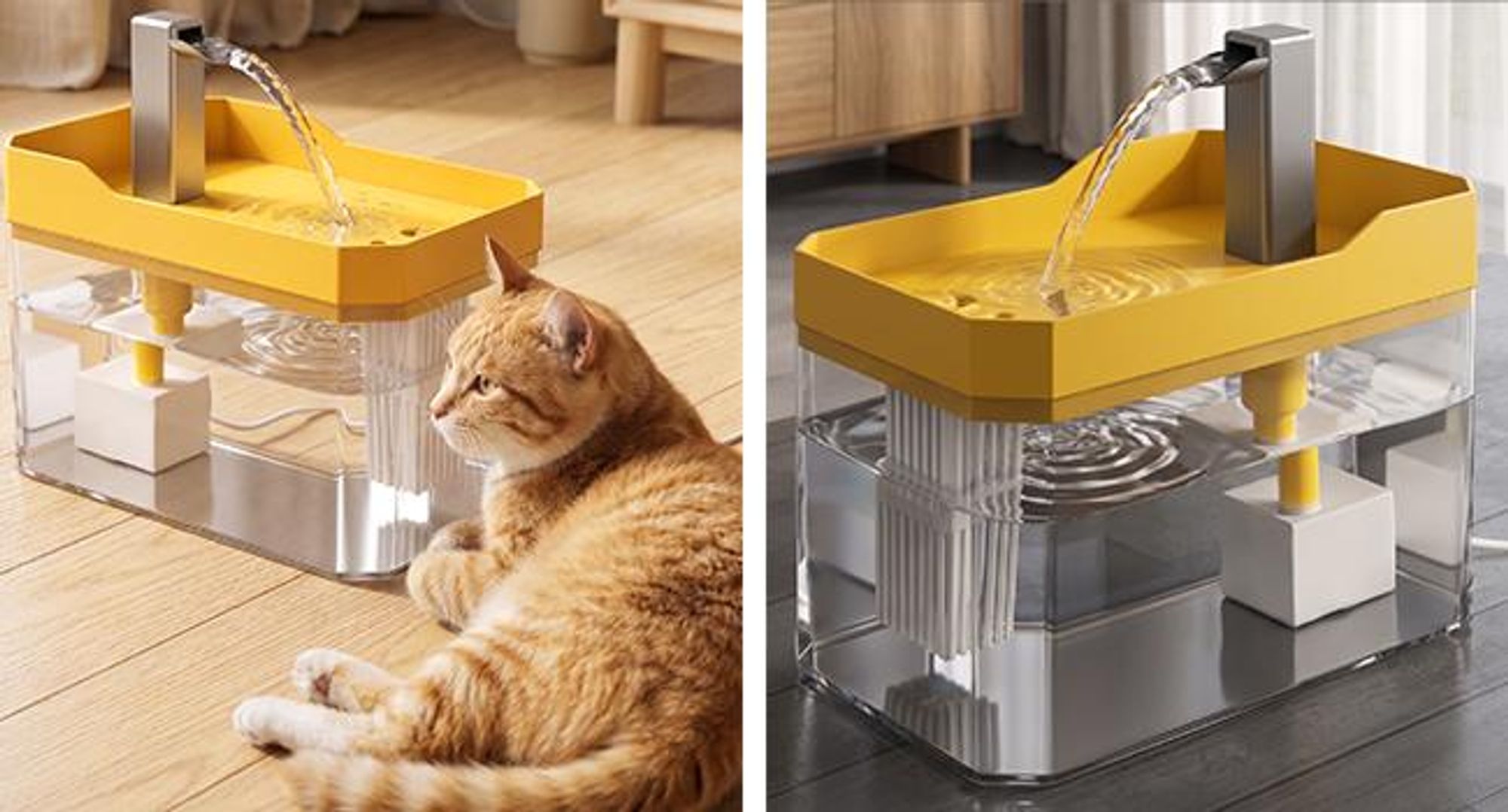 KRUMAD Katzenbrunnen 1,5L, Trinkbrunnen für Katzen, Wasserbrunnen, Haustier-Trinkstation, USB, Kunststoff, transparent/gelb, 16,5 x 11,5 x 12 cm