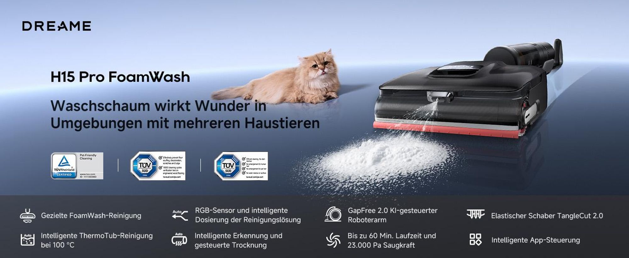 Dreame H15 Pro FoamWash Nass- und Trockensauger, 23000Pa Saugleistung, 0 Tangle, 180° Lie-Flat,60min Laufzeit,100℃ selbstreinigend,LED,4-Modus,400m²