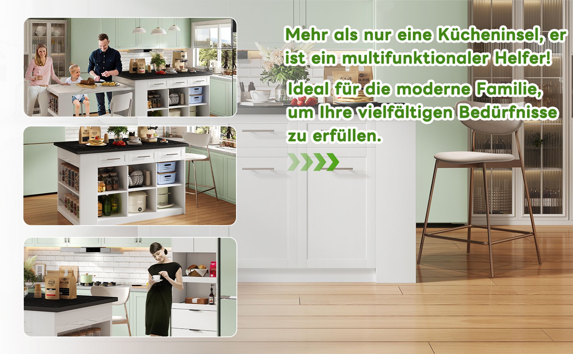 Flieks Kücheninsel mit weißer ausziehbarer Esstisch, schwarz marmorierte Holzarbeitsplatte, Küchenschrank mit viel Stauraum, Weiß