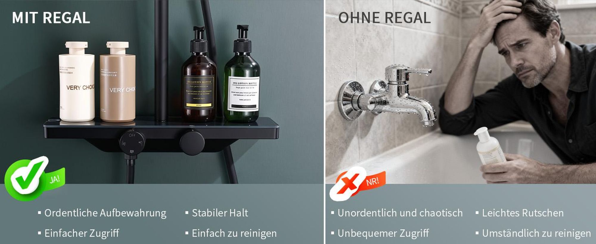Homelody Duschsystem mit Thermostat und Glasablage, Brausegarnitur Wasserfall 3 Wasserflussmodi, 12 Zoll Regendusche, 3-Funktions-Handbrause, Schwarz