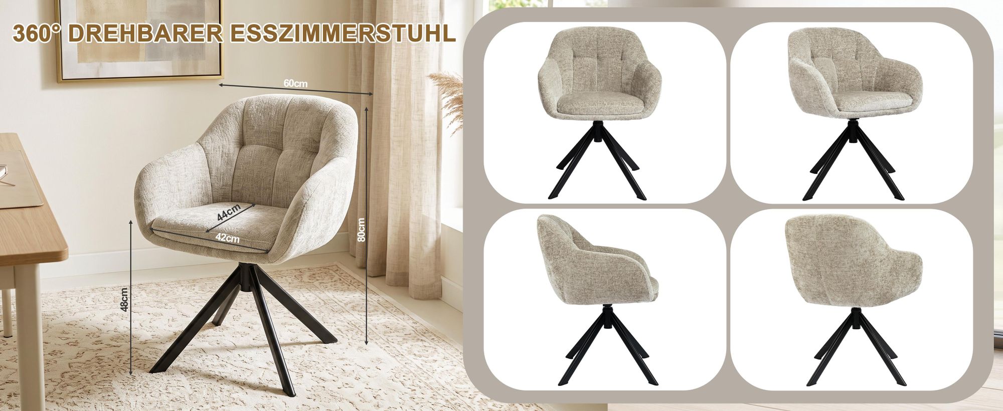 Duhome Loungesessel Armlehnstuhl aus Chenille-Stoff, Schminktisch Stuhl Esszimmerstuhl Sitzschale 360° drehbar, Khaki