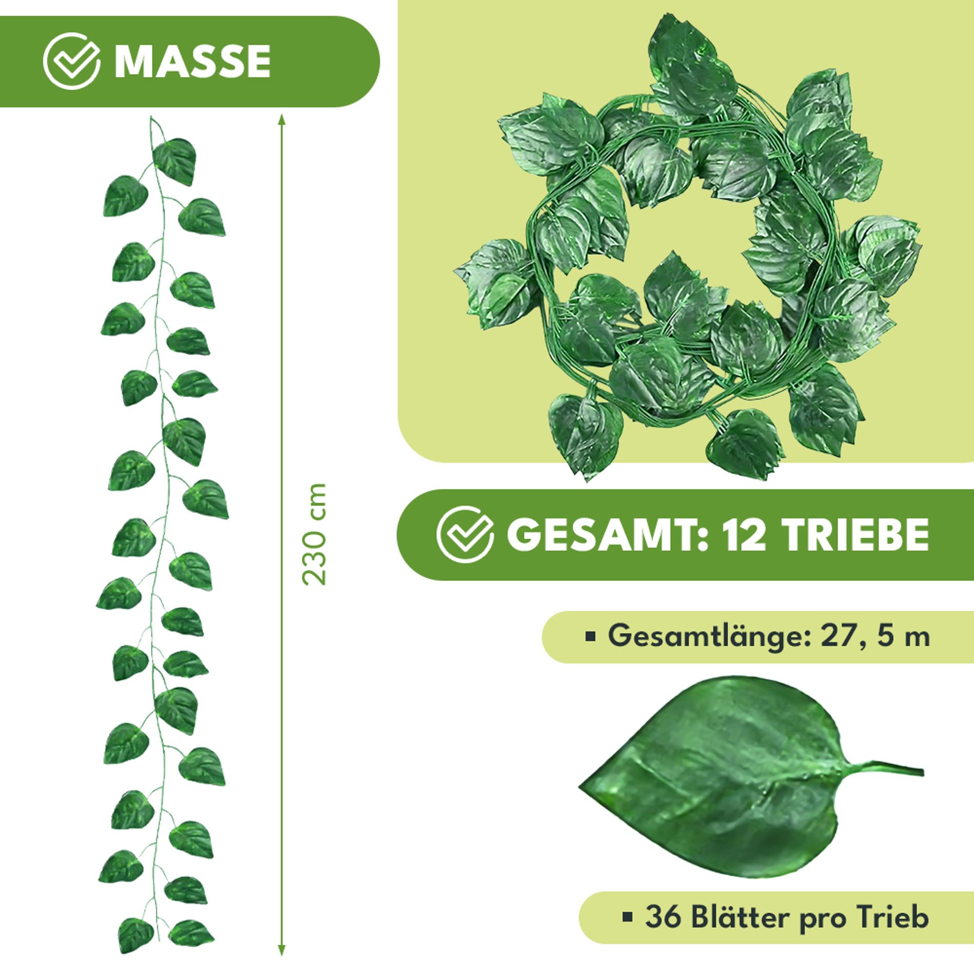 KRUMAD Künstlich Efeu Girlande 12 Stück Set 27,5 m Kunstpflanze Efeu Girlande für Balkon Garten Wanddeko Deko Wohnzimmer