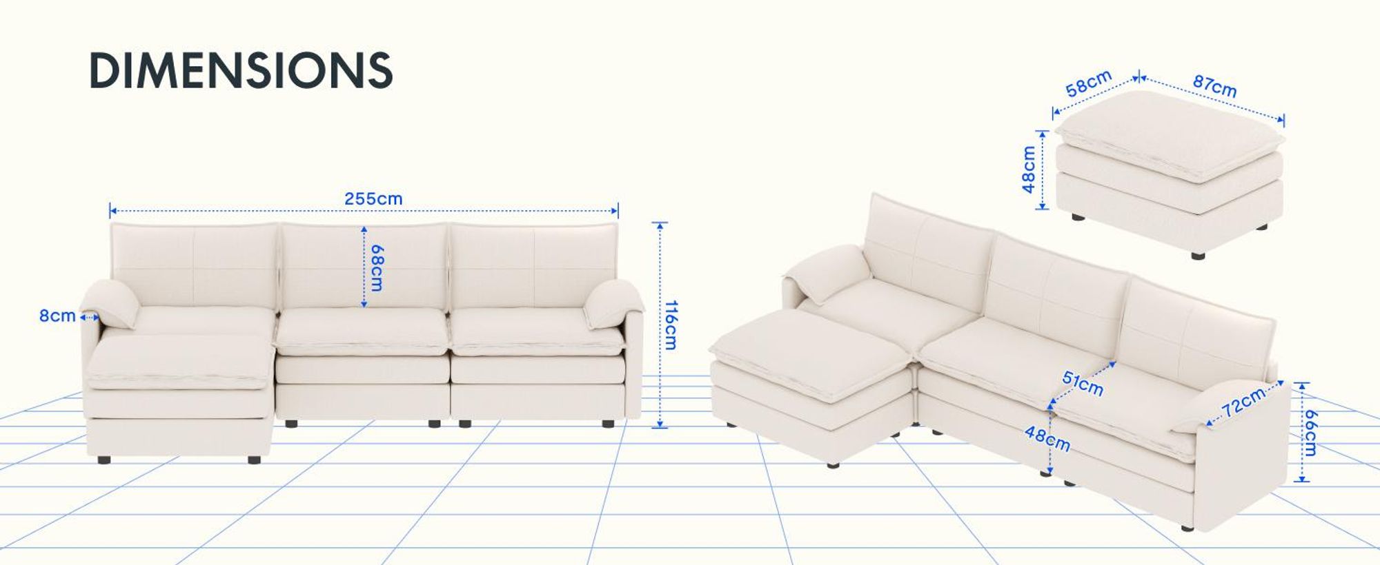 FLEXISPOT 4-Sitzer Sofa Sofabed L-förmiges Ecksofa mit Hocker, Stauraum, Modulares Sofa platzsparend für Wohnzimmer Weiß