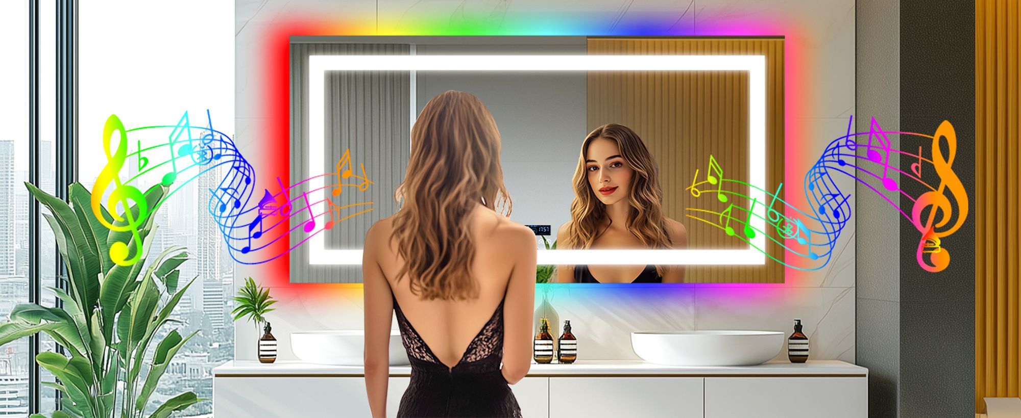 WISFOR LED Badspiegel mit Bluetooth Lautsprecher, 120×60cm RGB Wandspiegel Badezimmerspiegel mit Beleuchtung dimmbar Beschlagfrei Touchschalter