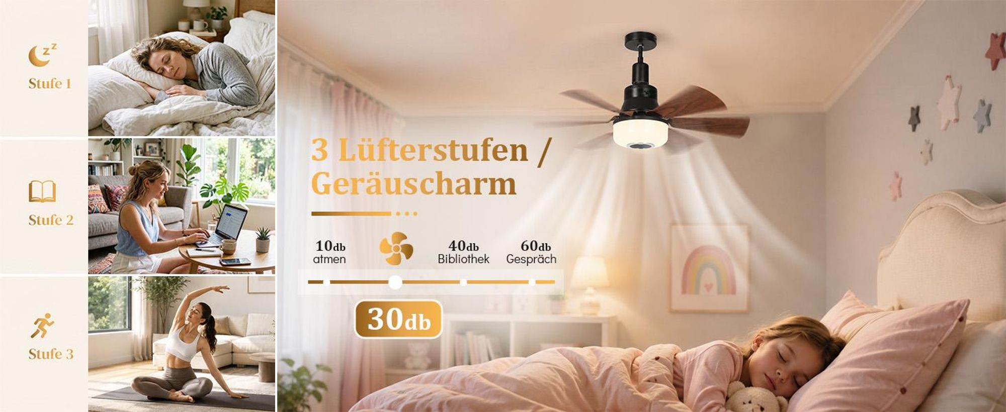 Deckenventilator mit Beleuchtung und Fernbedienung, E27 Fassung, RGB Dimmbar, 3 Windgeschwindigkeit, Einstellbar Höhen, Bluetooth Lautsprecher