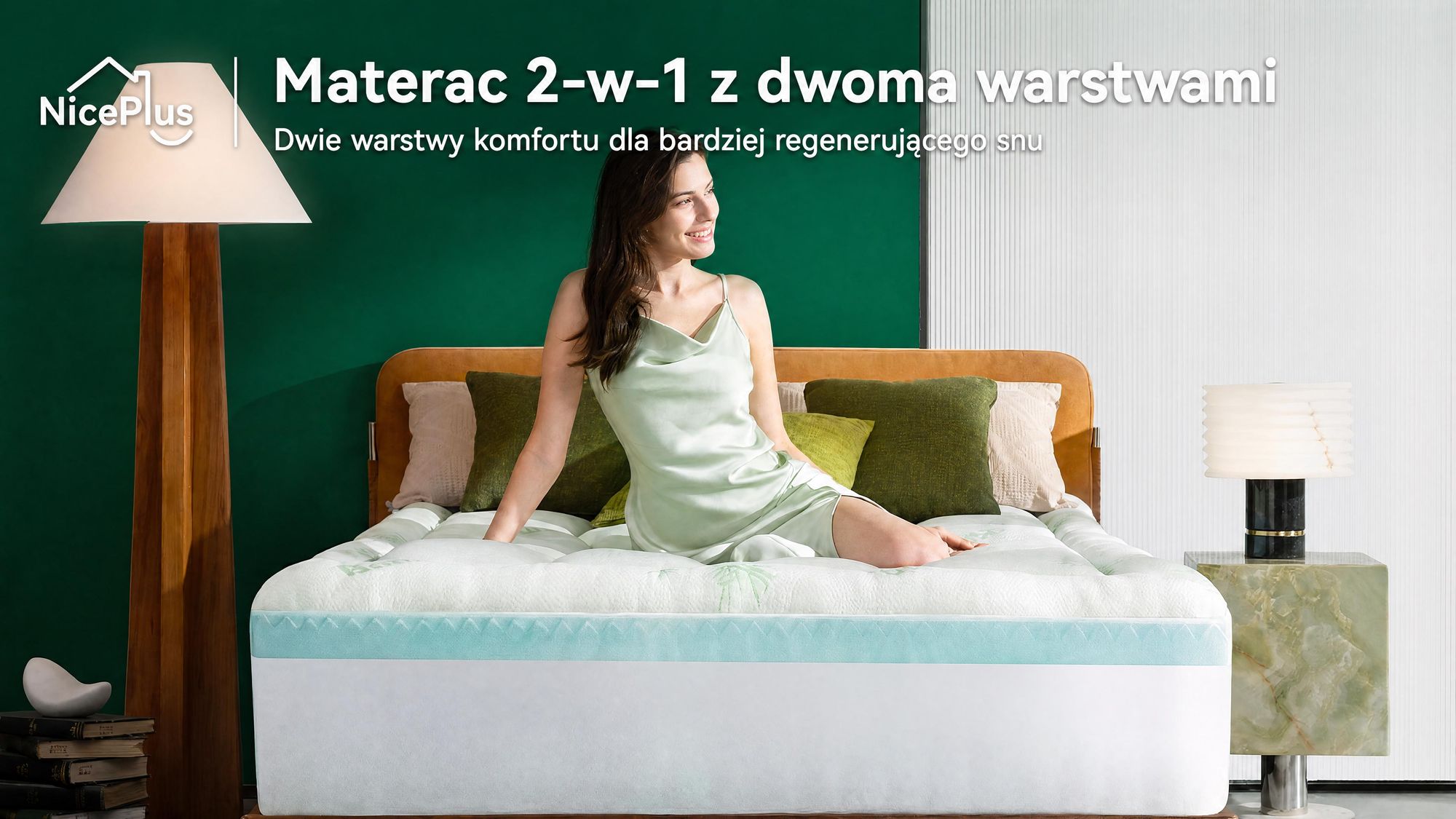 NicePlus, materac kieszeniowy 2 w 1, 90x200x7 cm, pianka termoelastyczna z podkładką z bambusa, z gumkami narożnymi pasującymi do wszystkich materacy, twardość H2/H3, kolor zielony