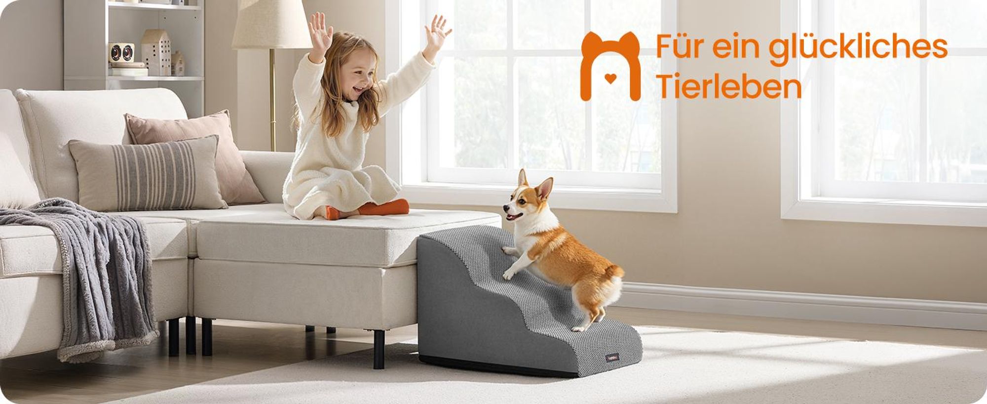 Feandrea Hundetreppe, 3 Stufen, Waffelcord, Haustiertreppe, für Bett, Sofa, wasserdicht, rutschfest, geringe Neigung, abnehmbarer waschbarer Bezug