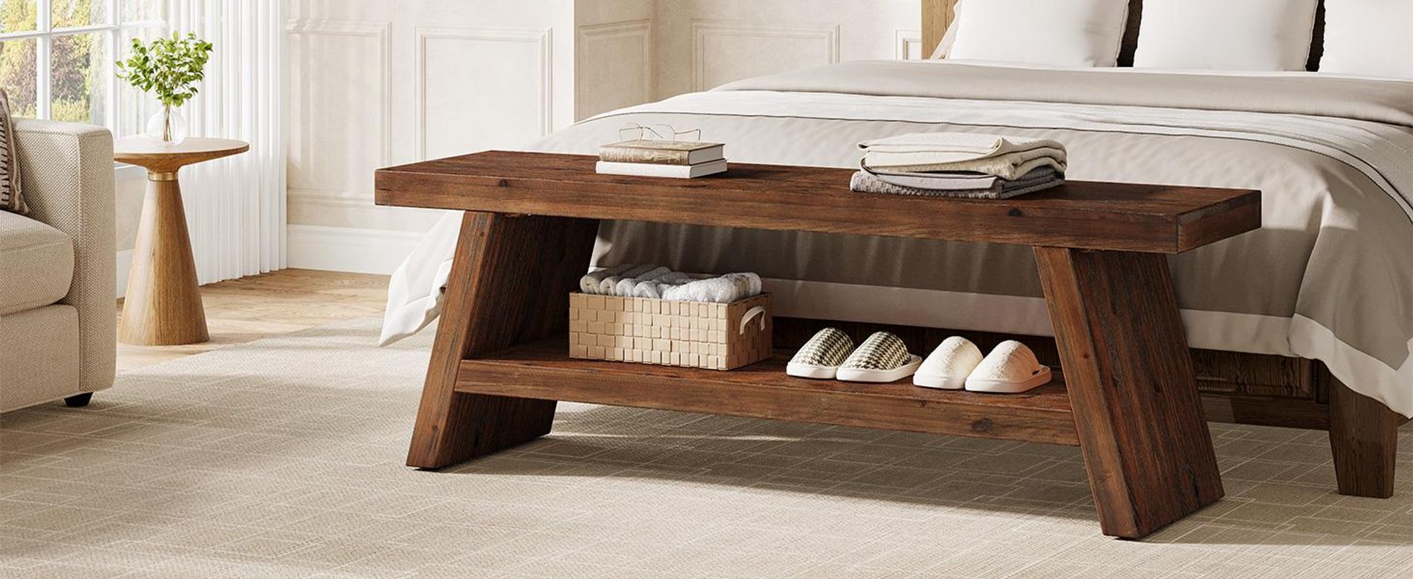 Tribesigns 2-stöckige Eingangsbank, Flur Foyer Massivholz Sitzgelegenheit mit offenen Regalen, Holz Schuhbank Indoor für Eingangsbereich, Wohnzimmer