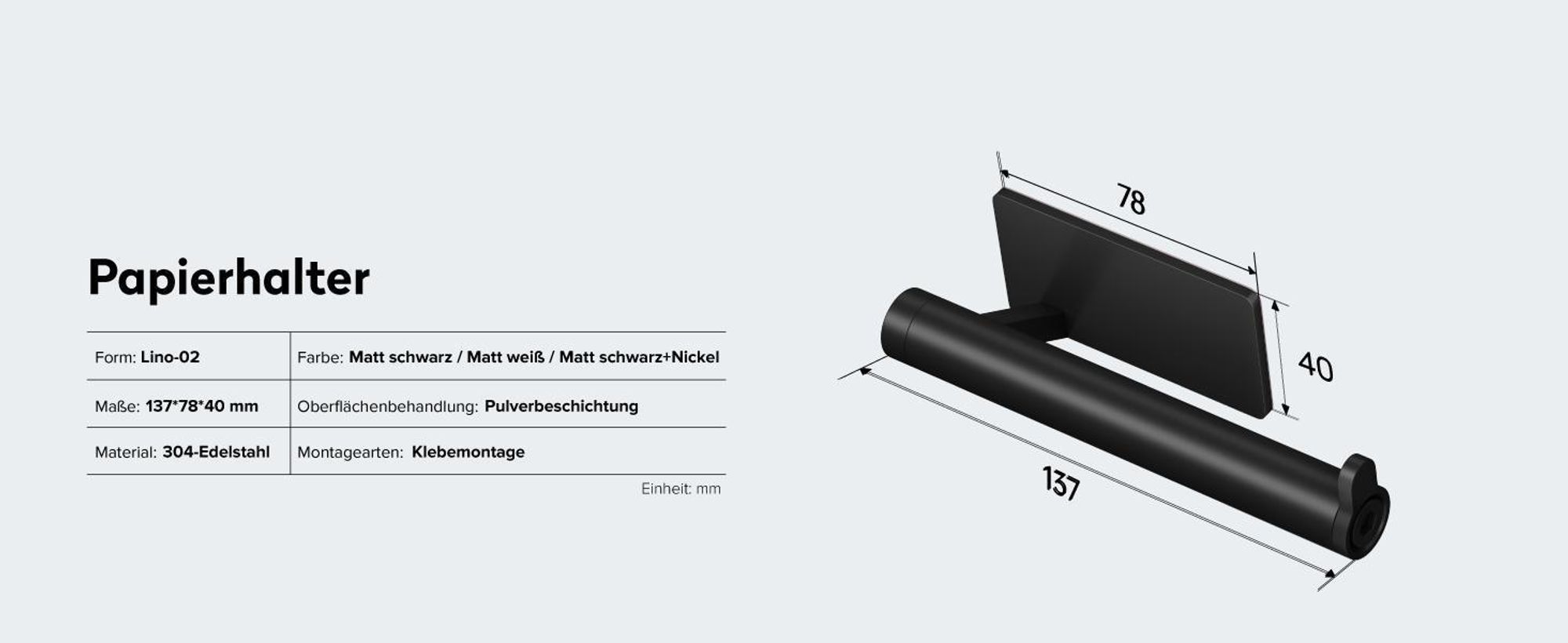 doporro Toilettenpapierhalter selbstklebend, Klopapierhalter aus Edelstahl ohne Bohren, Klorollenhalter für Badezimmer, Matt schwarz Lino-02