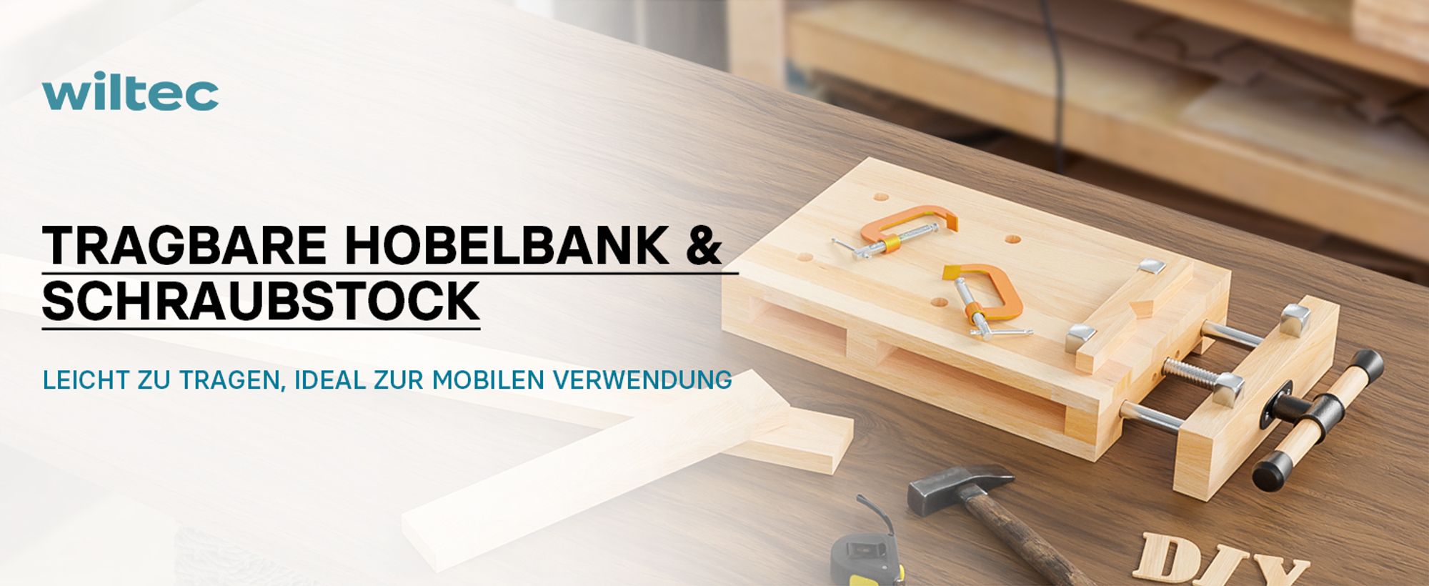 Wiltec Tragbare Hobelbank 45,5x28x7 cm & Schraubstock Mini-Werkbank aus Buchenholz Mobil Tragbar für Klemmen Hobeln