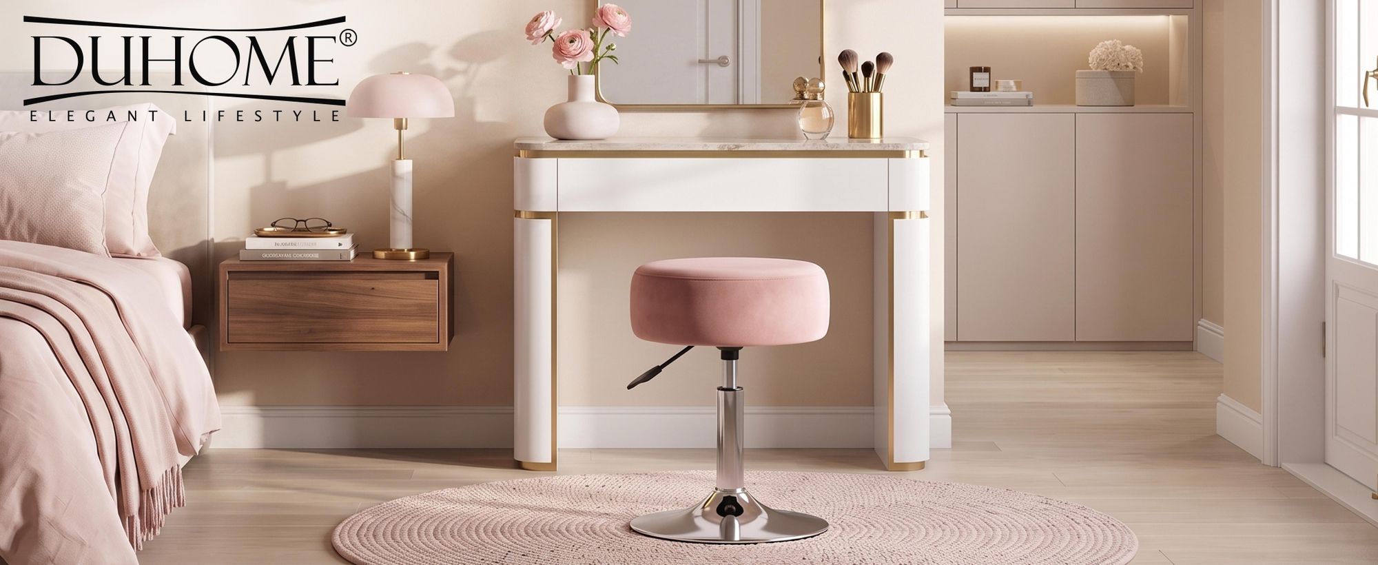 Duhome Drehhocker Höhenverstellbar Schminkhocker aus Samt Sitzhocker mit Polsterung Barhocker Drehbar für Schlafzimmer Wohnzimmer Bistro, Rosa