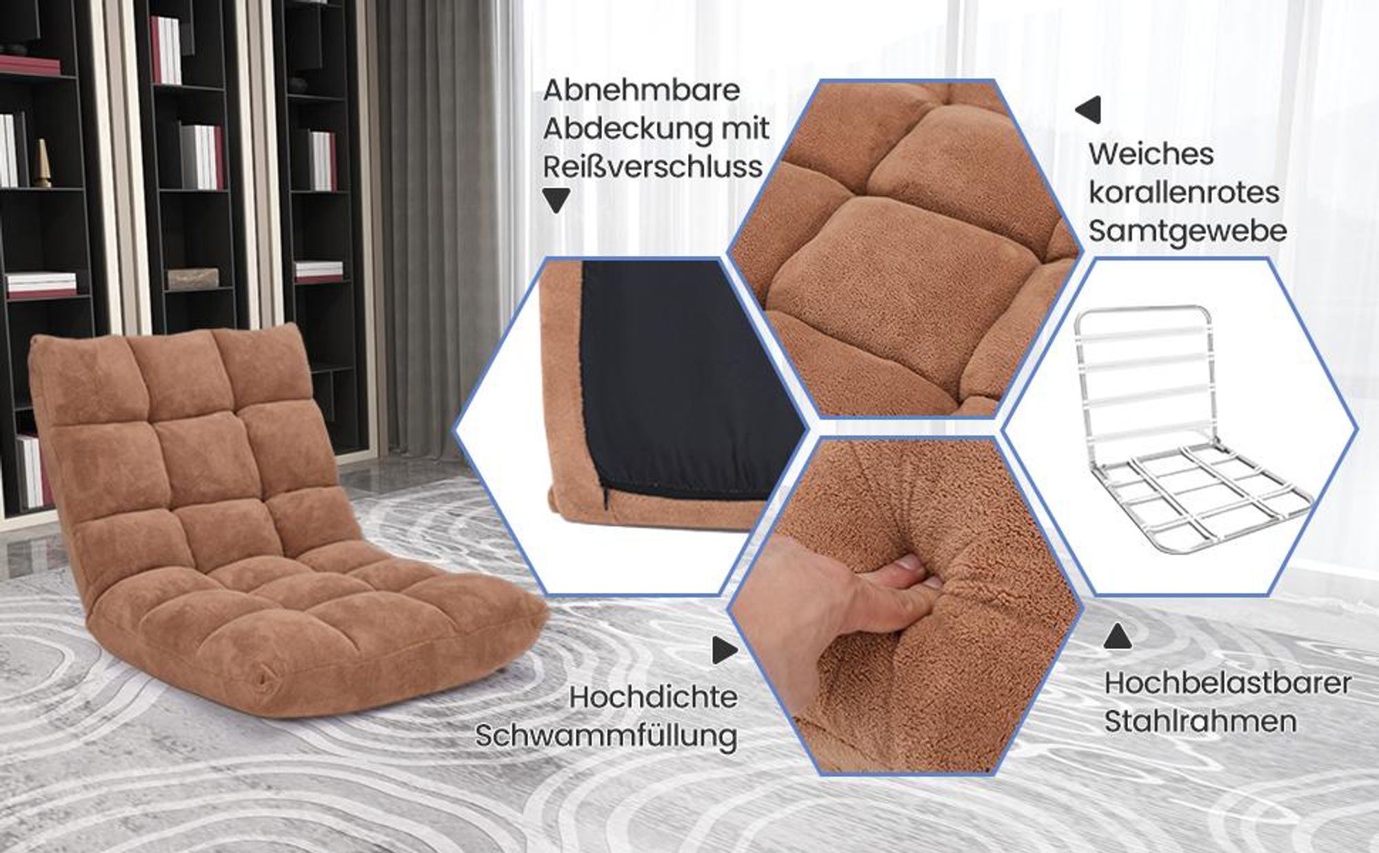 COSTWAY Bodenstuhl verstellbar, Bodensessel gepolstert, Bodenkissen mit Rückenlehne, Meditationsstuhl Fensterstuhl (schwarz)