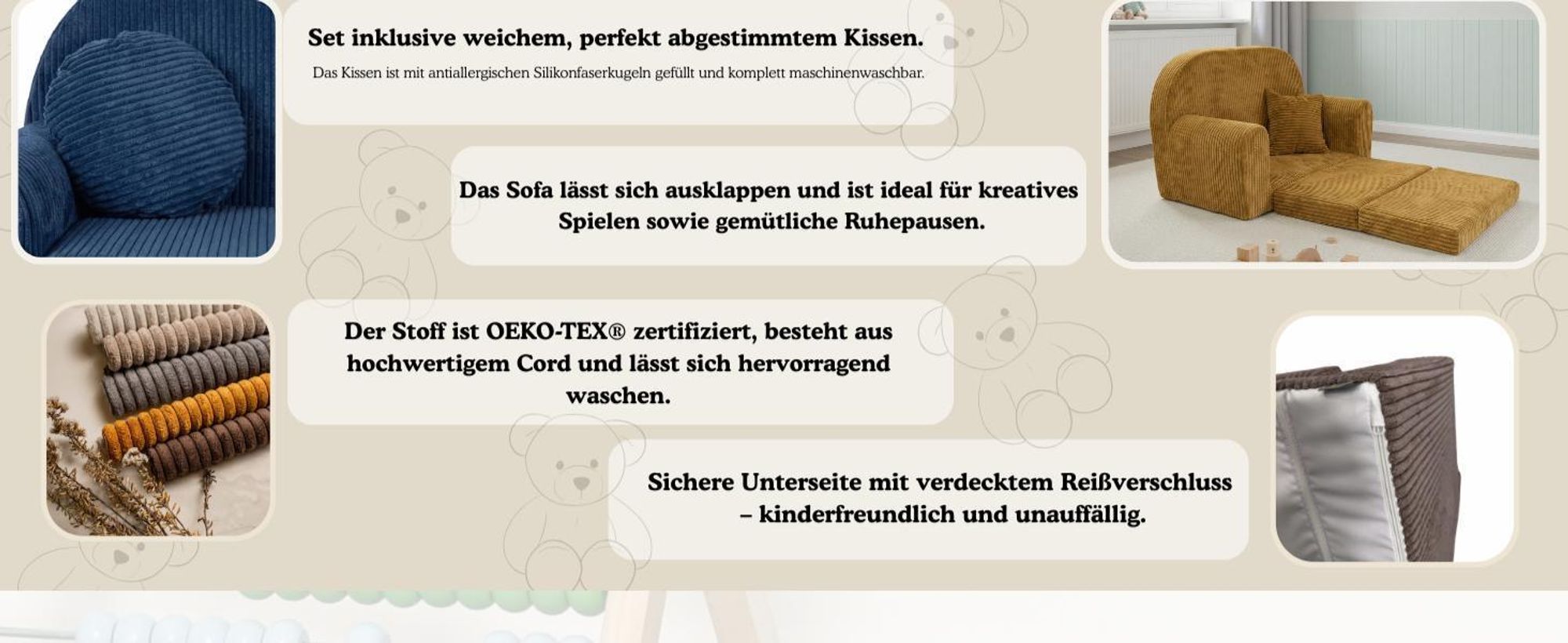 Mini-Kindersofa - Kindersofa aus Cord in Hellgrau abnehmbarer waschbarer Bezug ausklappbar  Kuschelcouch für Kinder