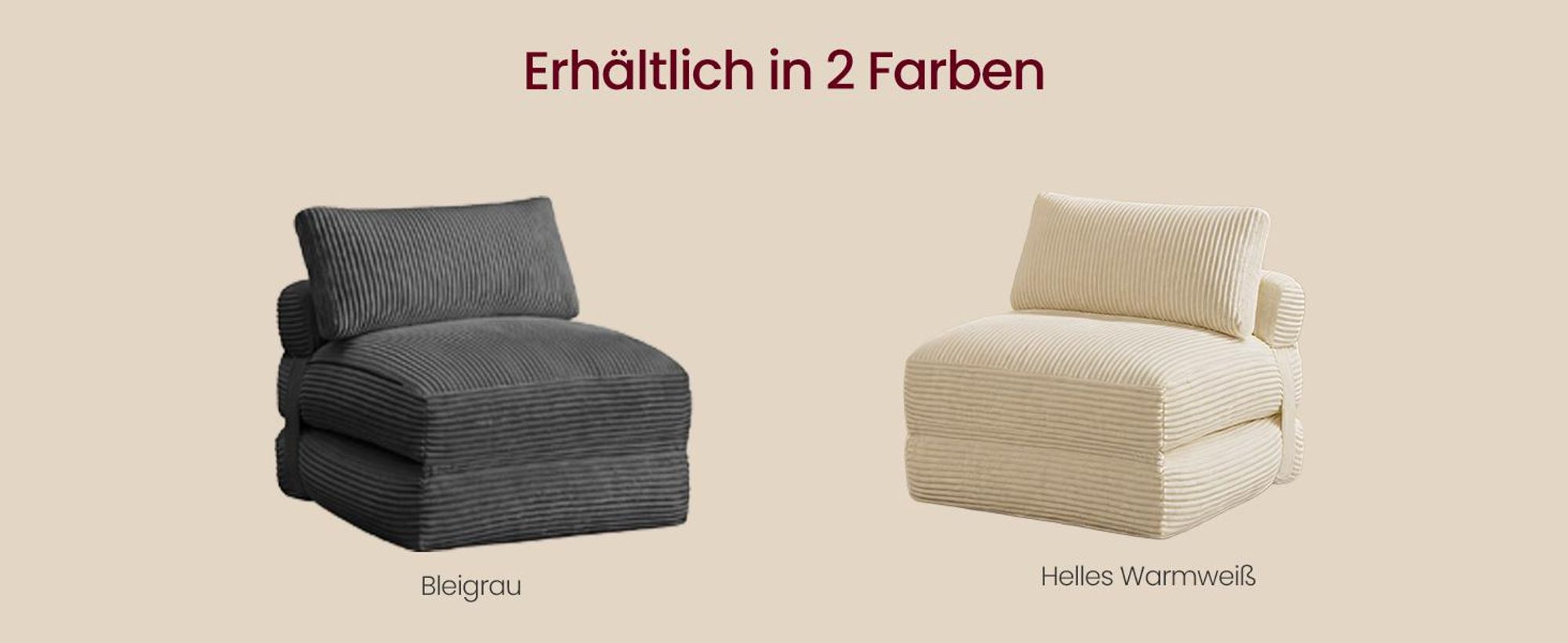 VASAGLE Faltbarer Schlafsessel aus Cord und Schaumstoff, Sofabett mit Kissen, 89 x 89 x 78 cm / 89 x 195 x 43 cm, Weiß