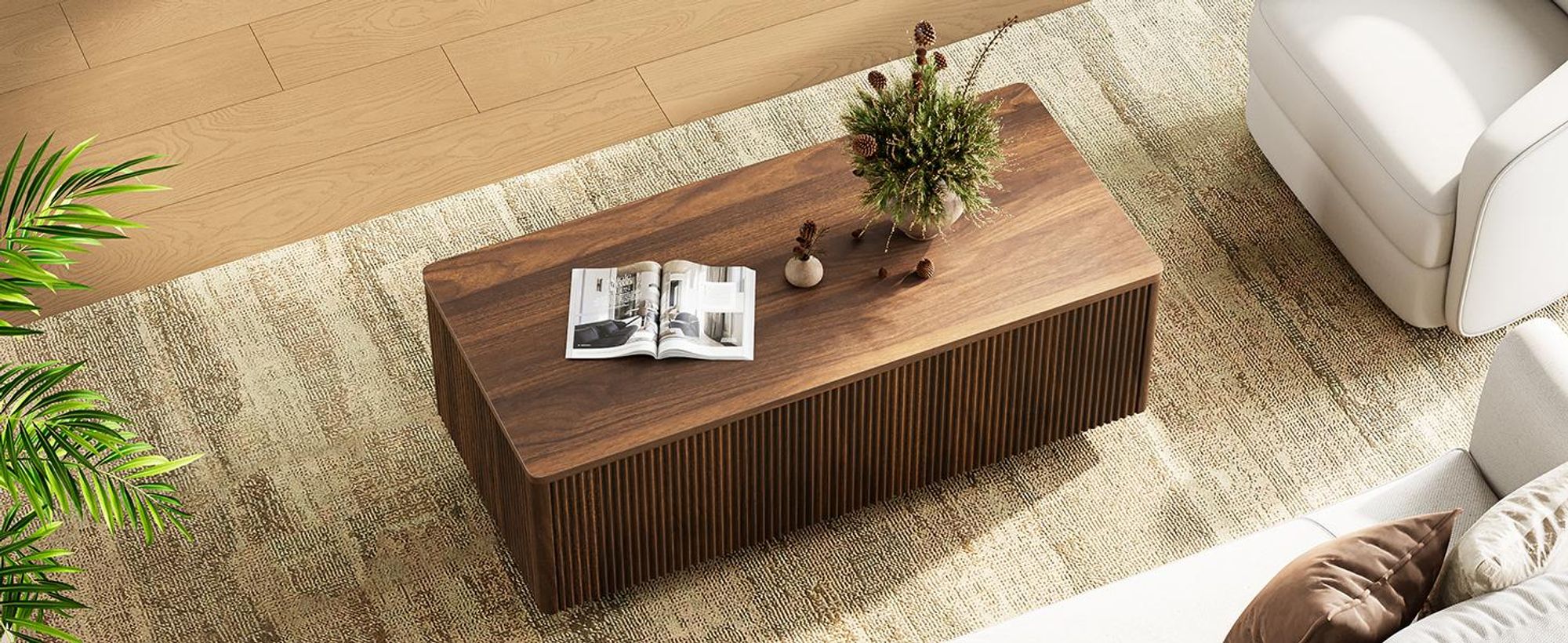 FABATO Lift-Couchtisch 106 cm mit großem verstecktem Stauraum, rechteckiges Fluted-Design mit abgerundeten Ecken, aufklappbar, Walnuss-Farbe, Mid-Cent