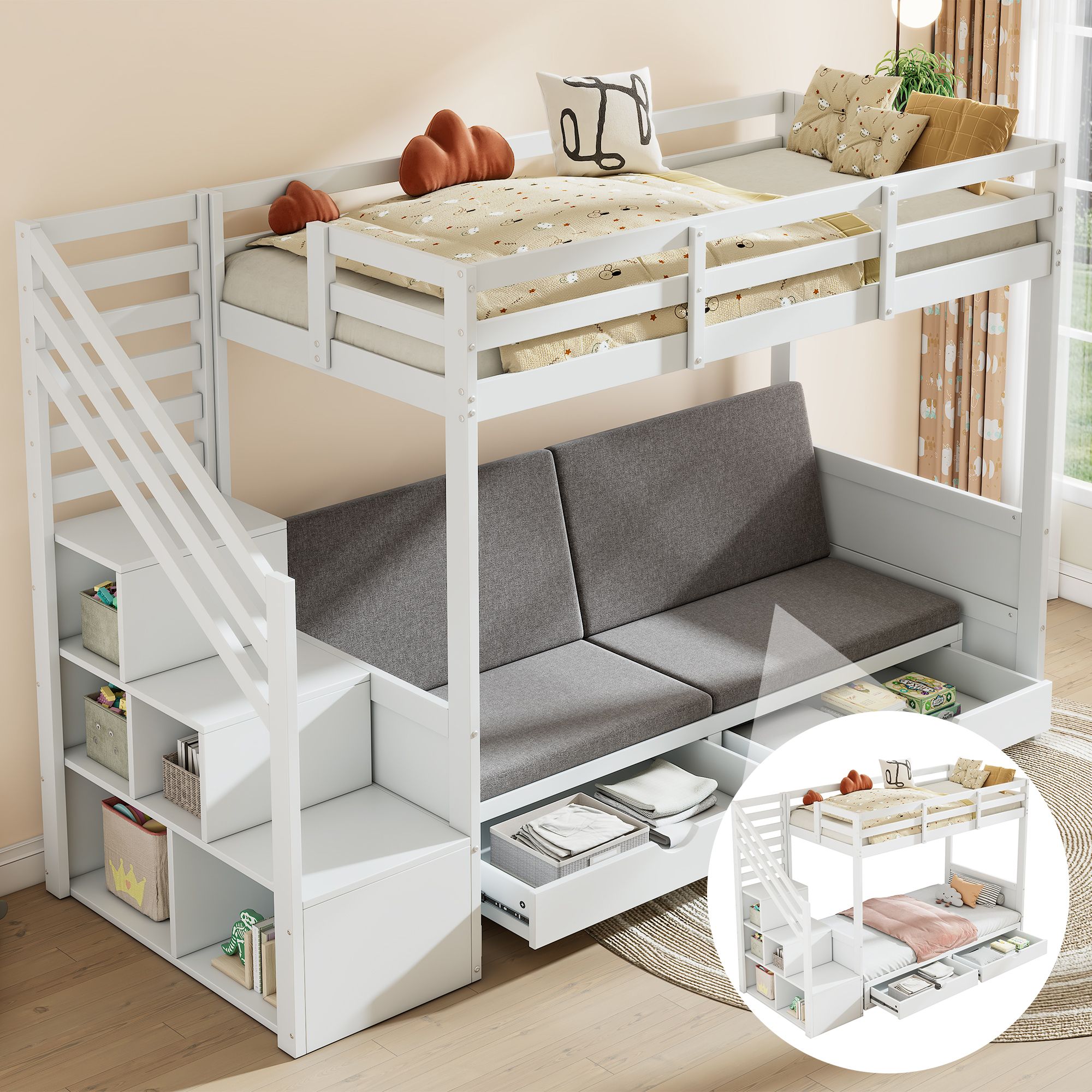 Flieks Etagenbett 90x200cm mit Vestellbarem Doppelsofa, Kinderbett Hochbett mit 2 Schubladen, Einzelbett Holzbett Stockbett mit Stauraumtreppe, Weiß