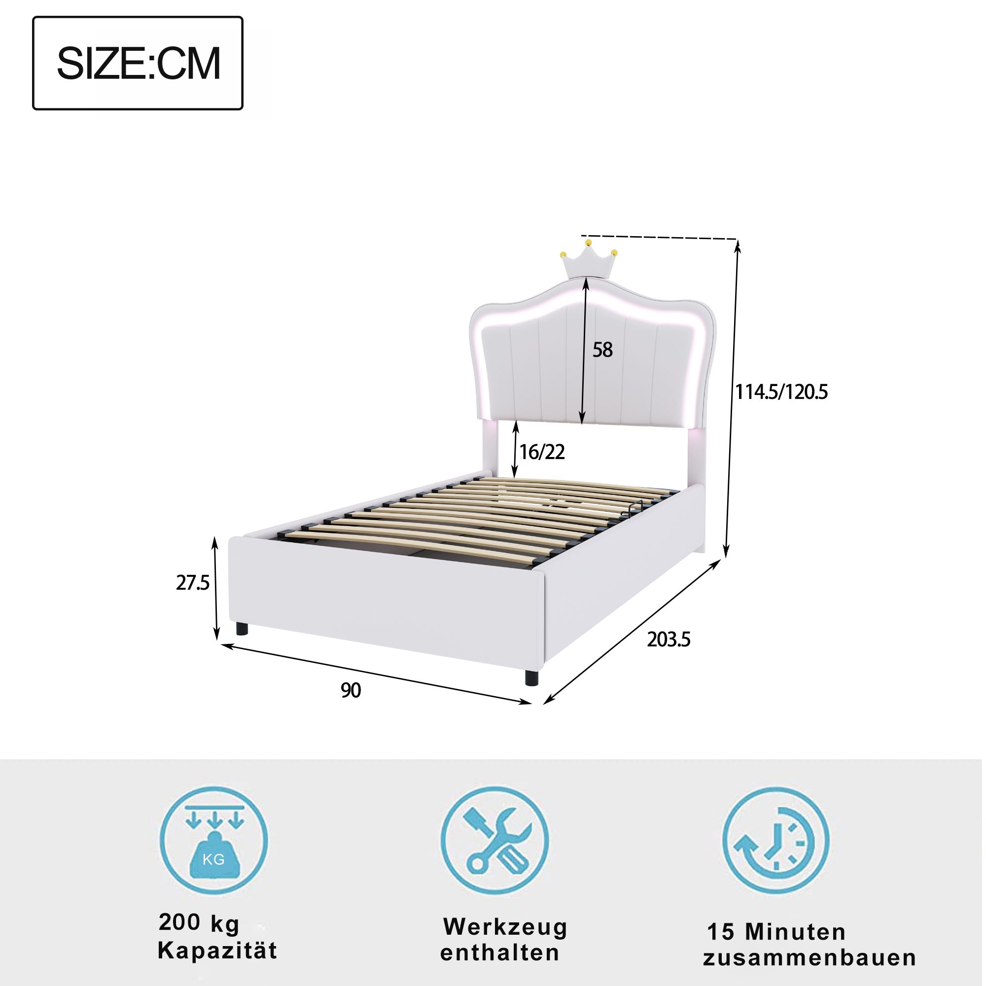 Flieks Polsterbett 90x200cm mit Lattenrost, Jugendbett Kinderbett mit Led, Einzelbett mit Kronenformung, Hydraulisches Stauraumbett, PU, Weiß