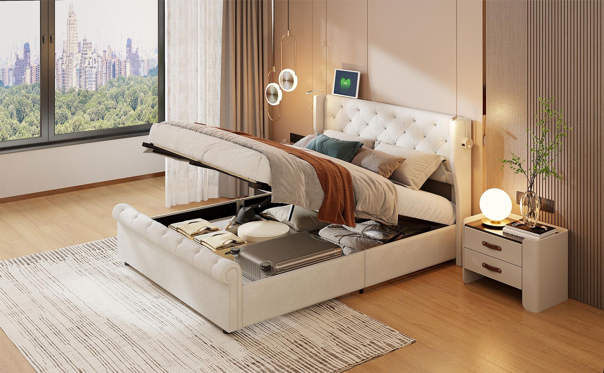INONEFT Boxspringbett 160×200 mit Leselampe &USB ,Polsterbett mit Stauraum,Hydraulisches Doppelbett, Samt, Beige.