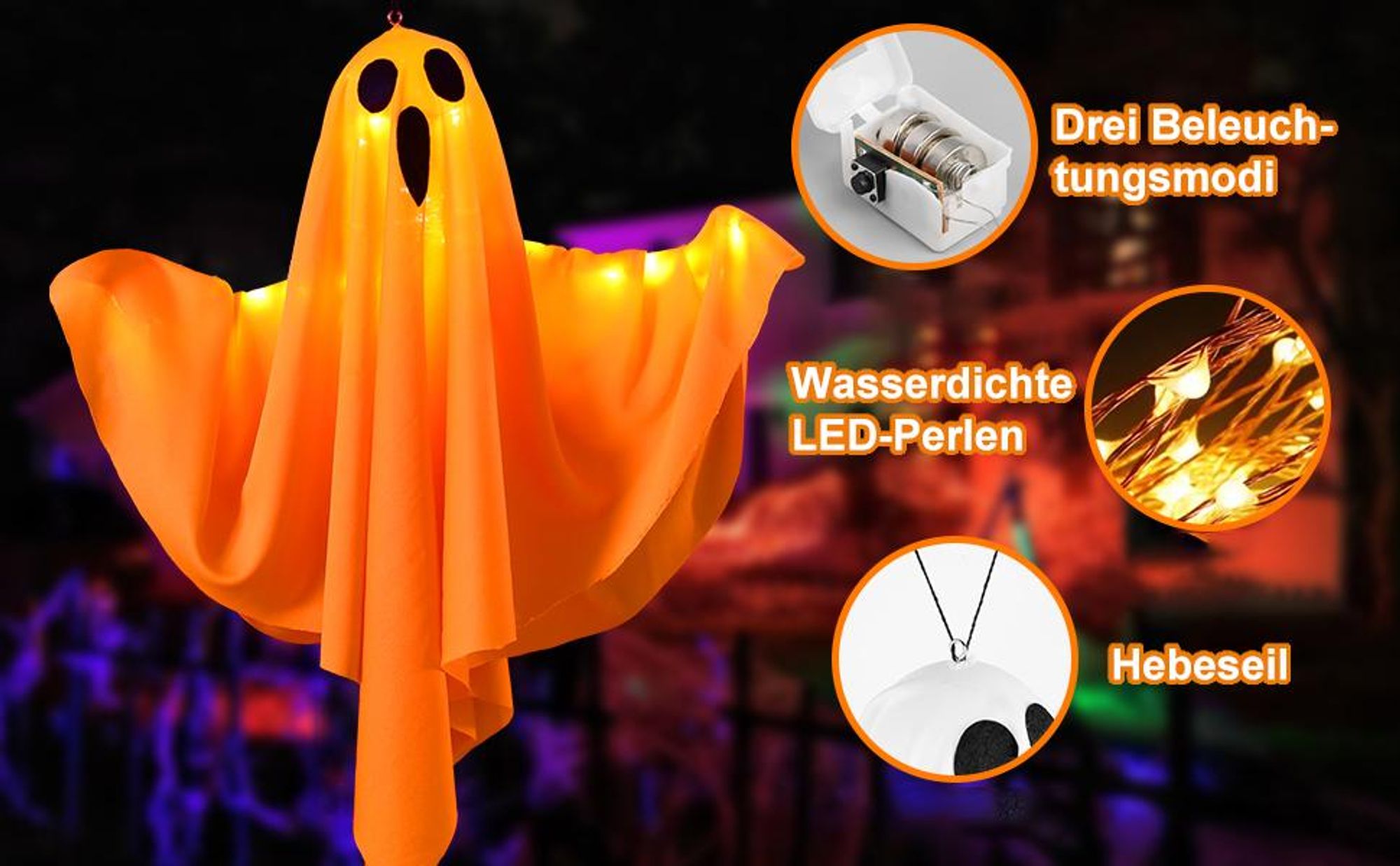 Halloween Deko, Halloween dekoration outdoor, 3 Stück 60cm Hängende Geister Windsack Mit Lichterketten, LED Scream Fliegende Geist Halloween Patio